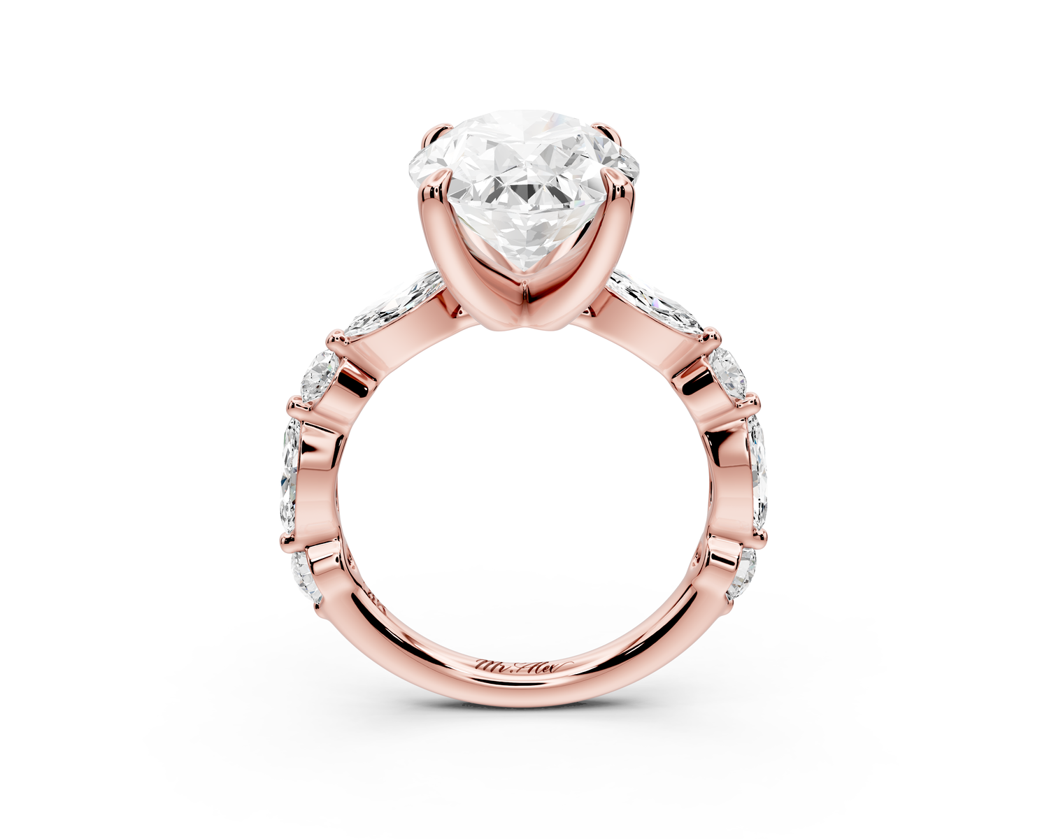 Amalia - 5ct 14k rose gold oval Round Diamond with Alternating 8-Stone Marquise and Round Diamond Band Engagement Ring