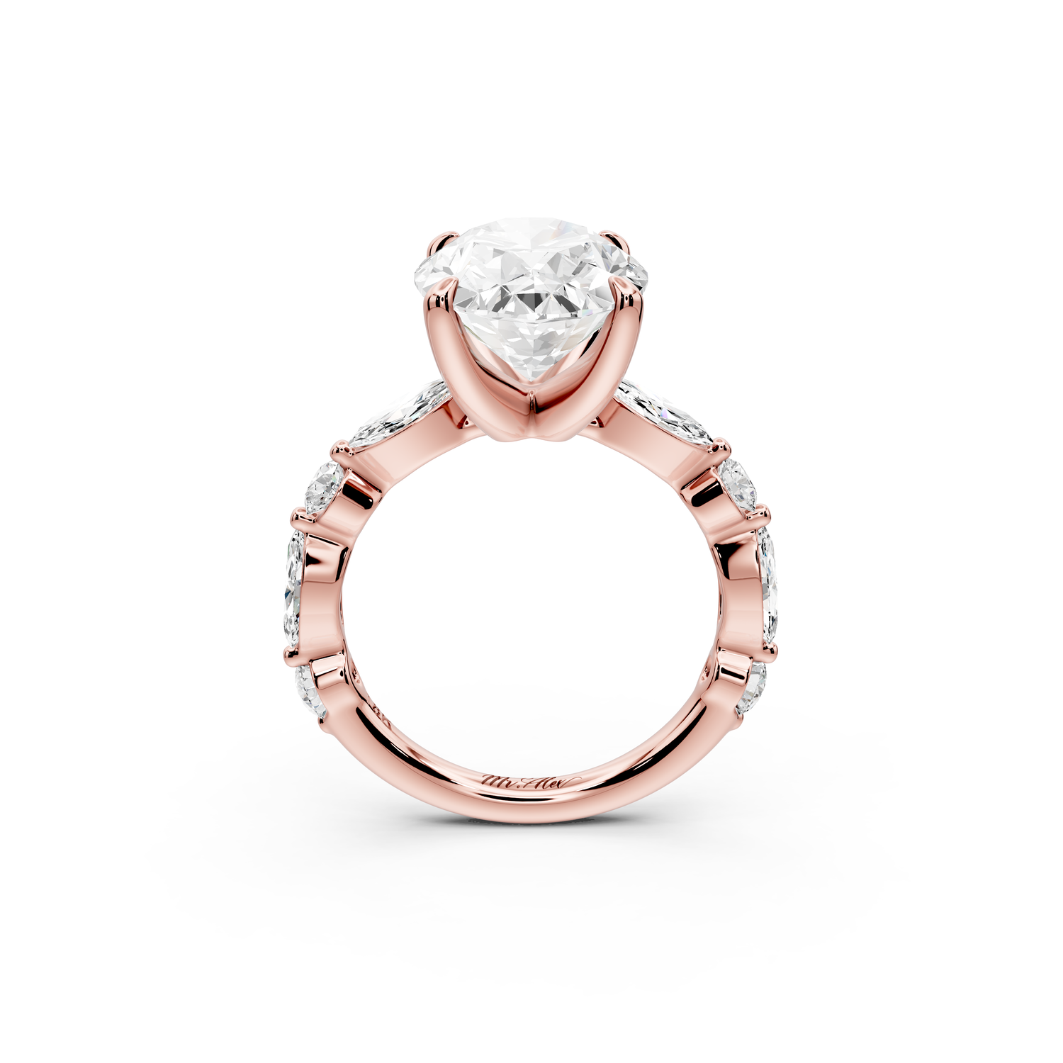 Amalia - 5ct 14k rose gold oval Round Diamond with Alternating 8-Stone Marquise and Round Diamond Band Engagement Ring