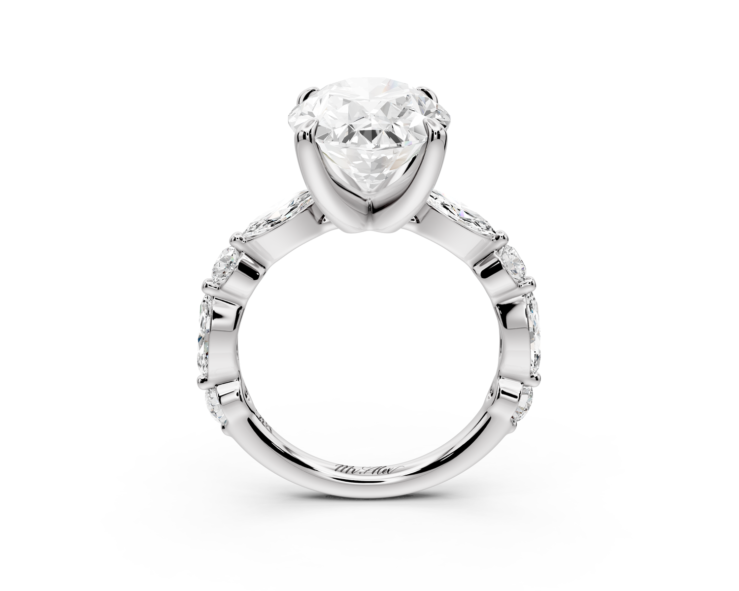 Amalia - 5ct 14k white gold oval Round Diamond with Alternating 8-Stone Marquise and Round Diamond Band Engagement Ring