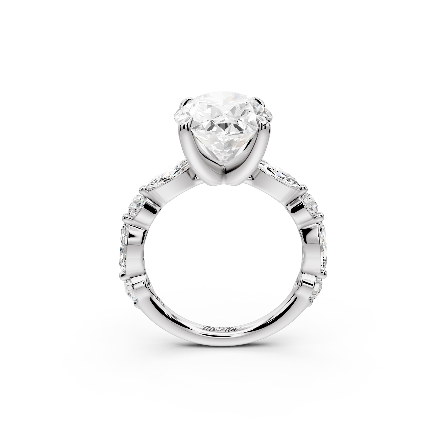 Amalia - 5ct 14k white gold oval Round Diamond with Alternating 8-Stone Marquise and Round Diamond Band Engagement Ring