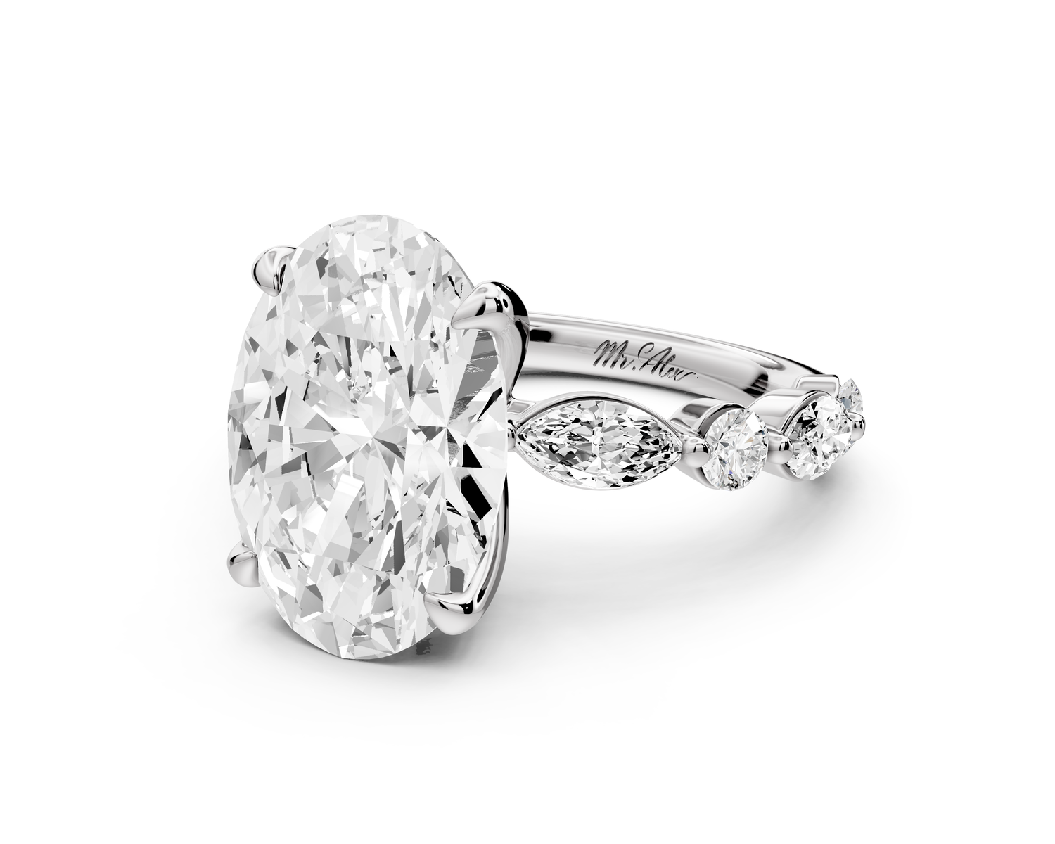 Amalia - 5ct 14k white gold oval Round Diamond with Alternating 8-Stone Marquise and Round Diamond Band Engagement Ring