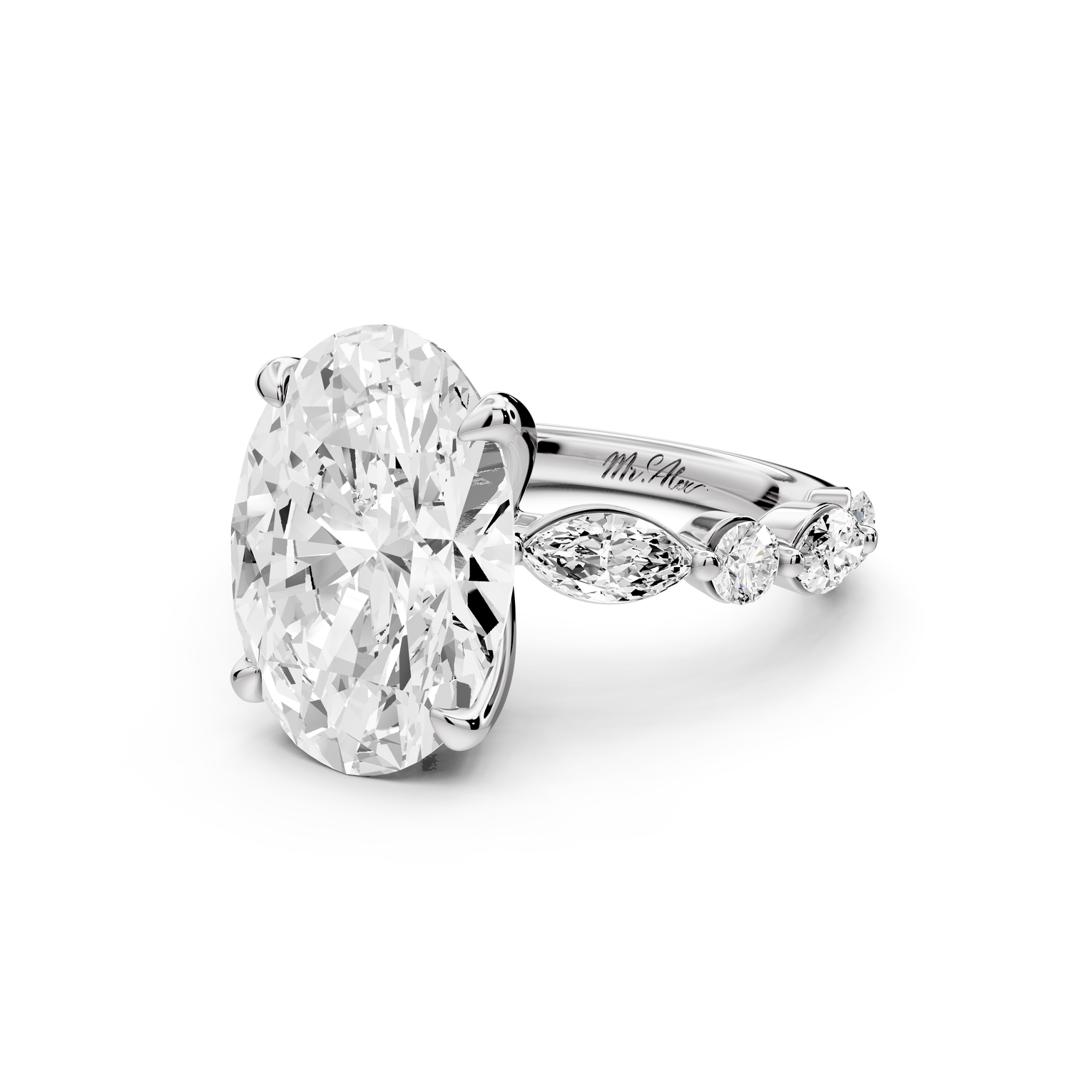 Amalia - 5ct 14k white gold oval Round Diamond with Alternating 8-Stone Marquise and Round Diamond Band Engagement Ring
