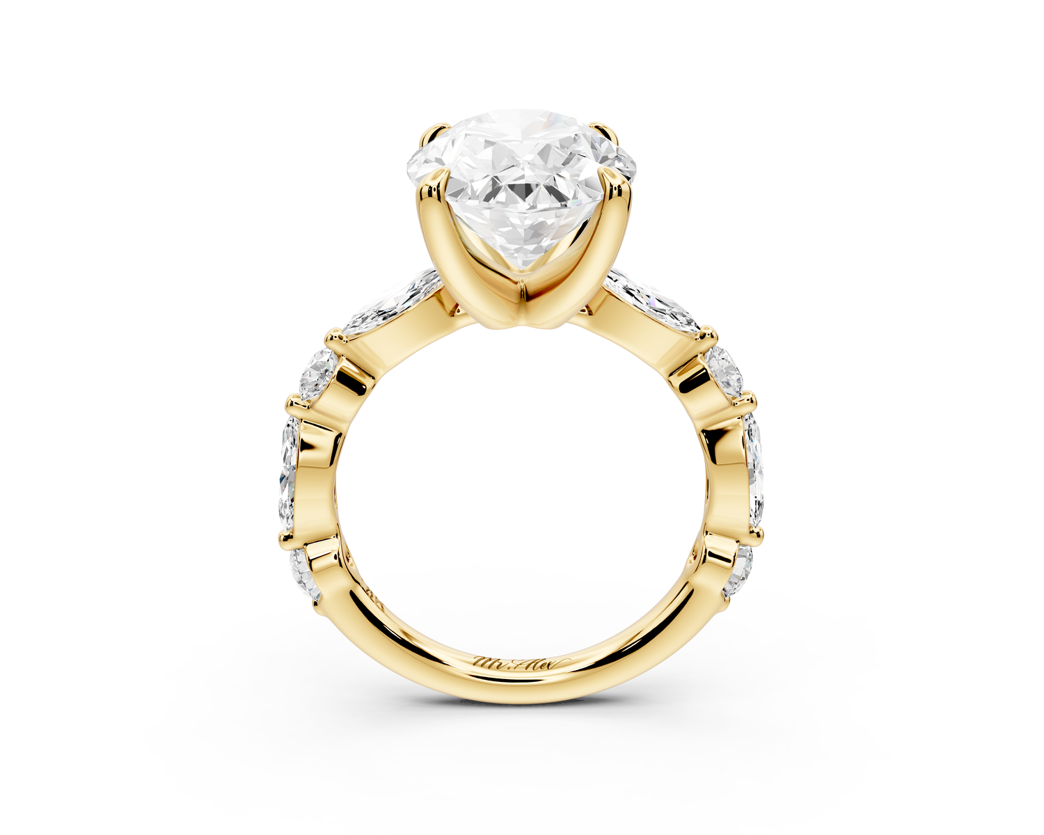 Amalia - 5ct 14k yellow gold oval Round Diamond with Alternating 8-Stone Marquise and Round Diamond Band Engagement Ring