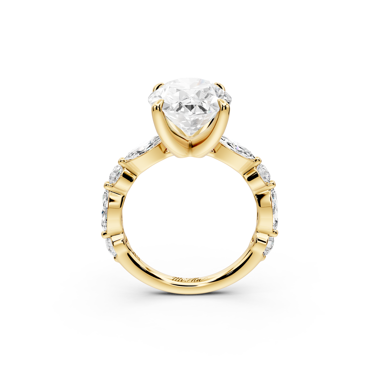 Amalia - 5ct 14k yellow gold oval Round Diamond with Alternating 8-Stone Marquise and Round Diamond Band Engagement Ring