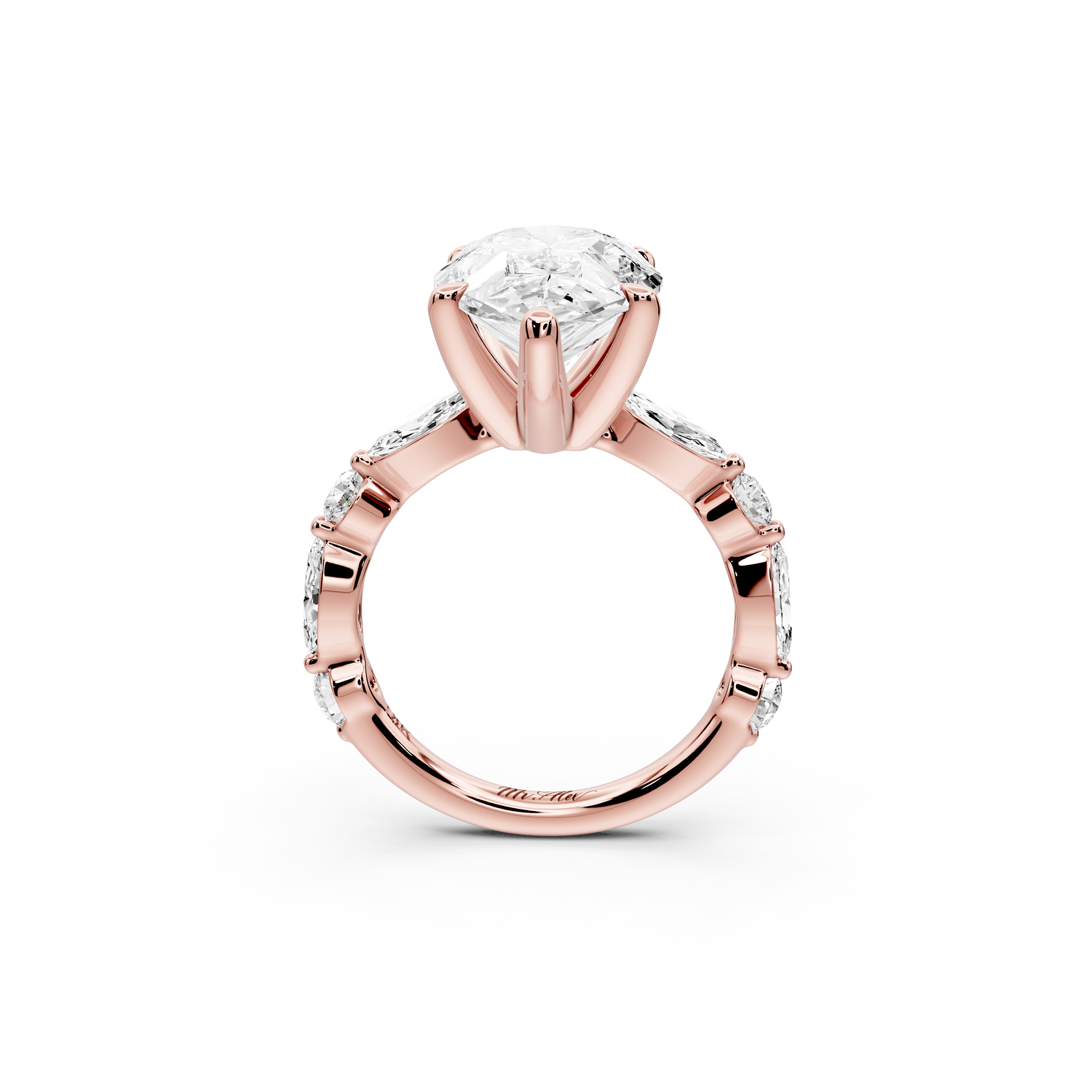 Amalia - 5ct 14k rose gold pear Round Diamond with Alternating 8-Stone Marquise and Round Diamond Band Engagement Ring