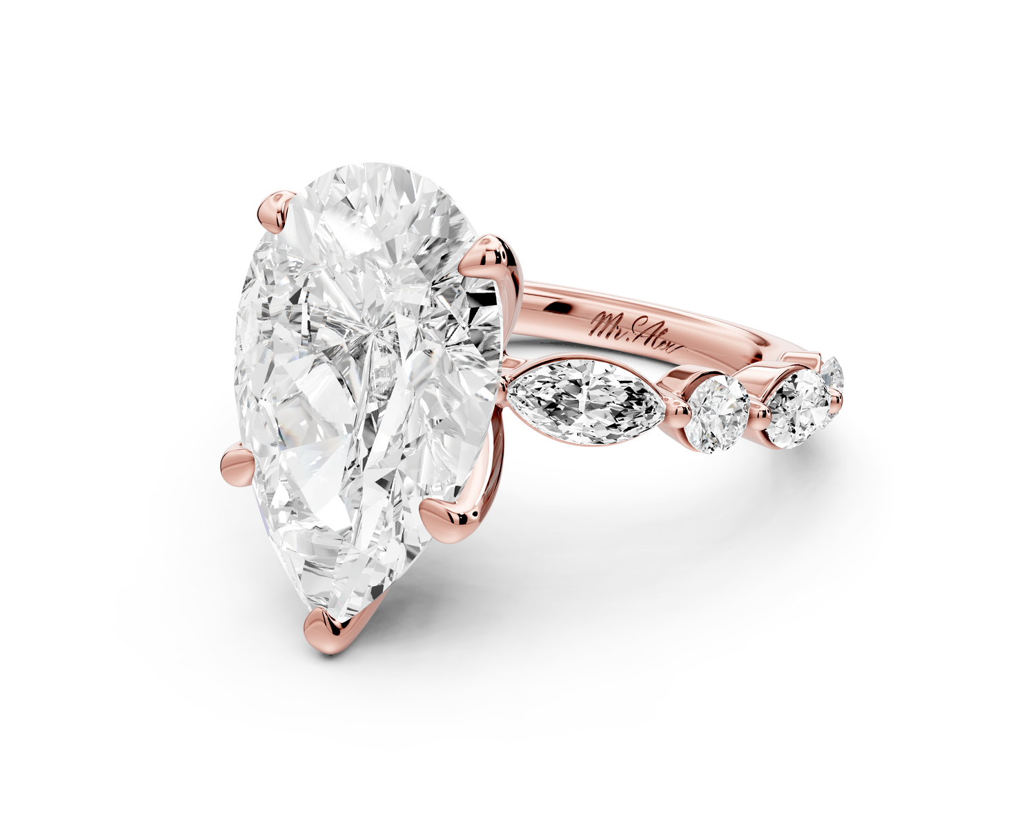 Amalia - 5ct 14k rose gold pear Round Diamond with Alternating 8-Stone Marquise and Round Diamond Band Engagement Ring