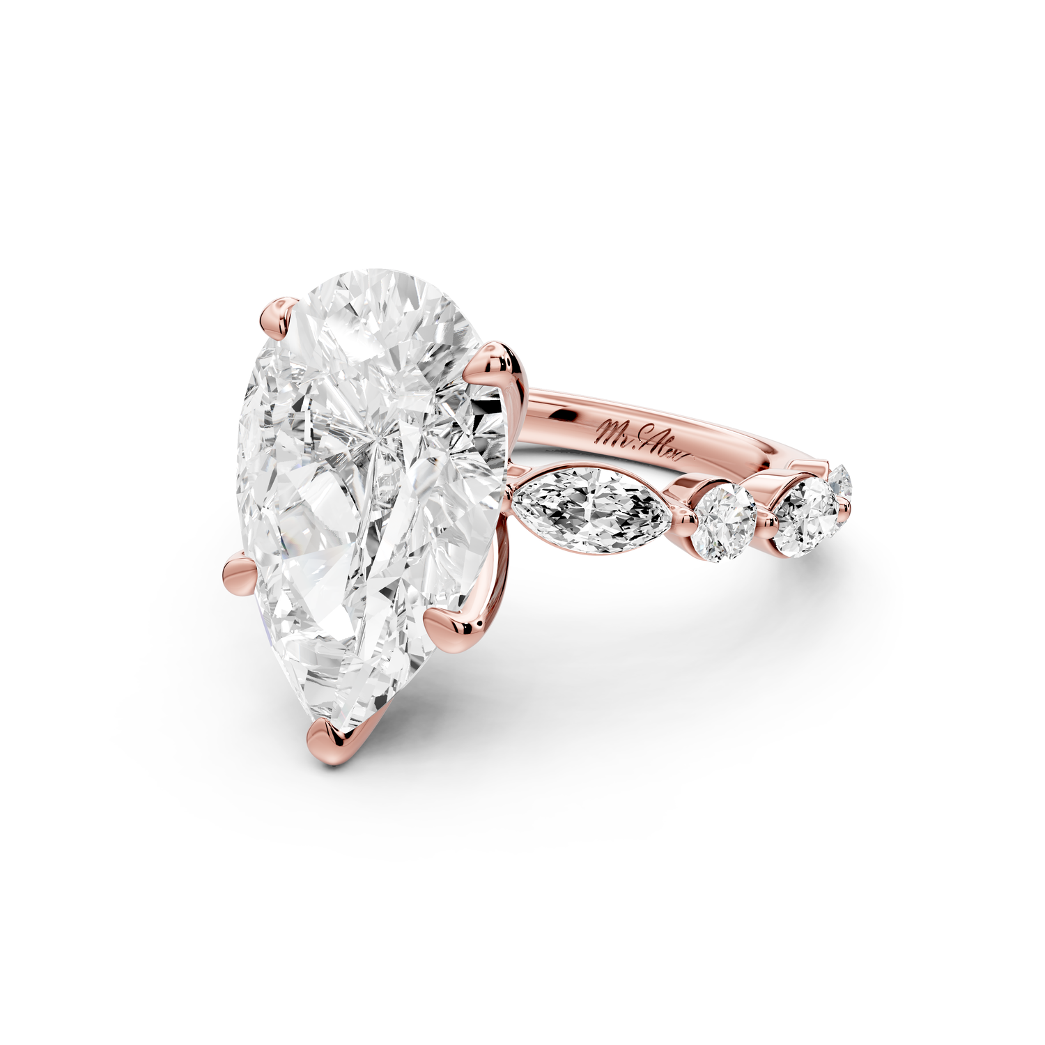 Amalia - 5ct 18k rose gold pear Round Diamond with Alternating 8-Stone Marquise and Round Diamond Band Engagement Ring