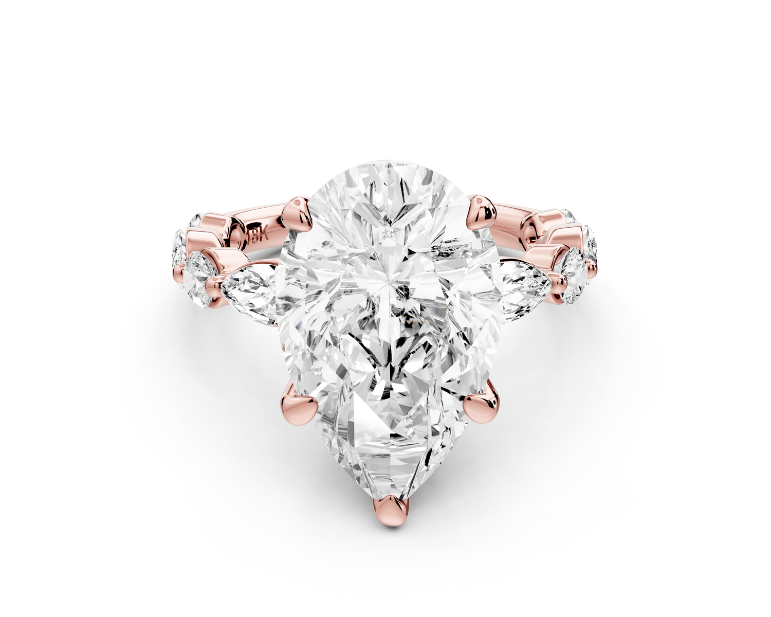 Amalia - 5ct 14k rose gold pear Round Diamond with Alternating 8-Stone Marquise and Round Diamond Band Engagement Ring