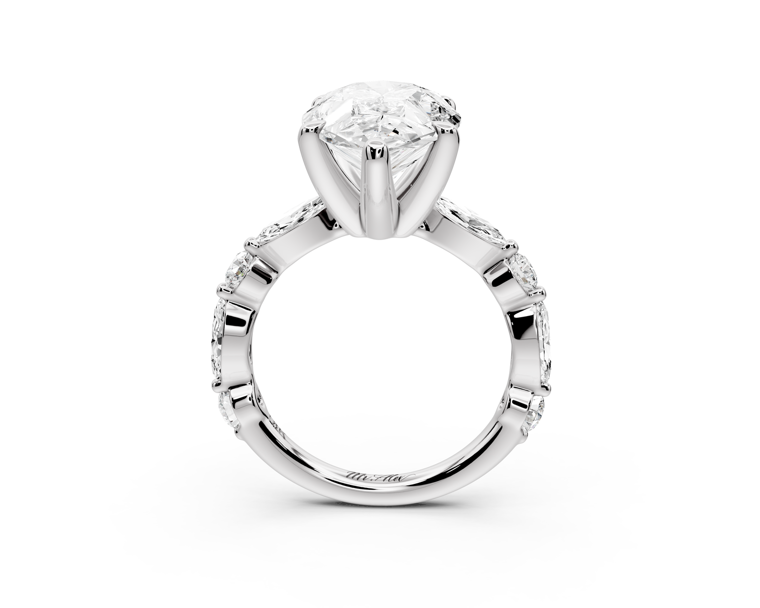 Amalia - 5ct 14k white gold pear Round Diamond with Alternating 8-Stone Marquise and Round Diamond Band Engagement Ring