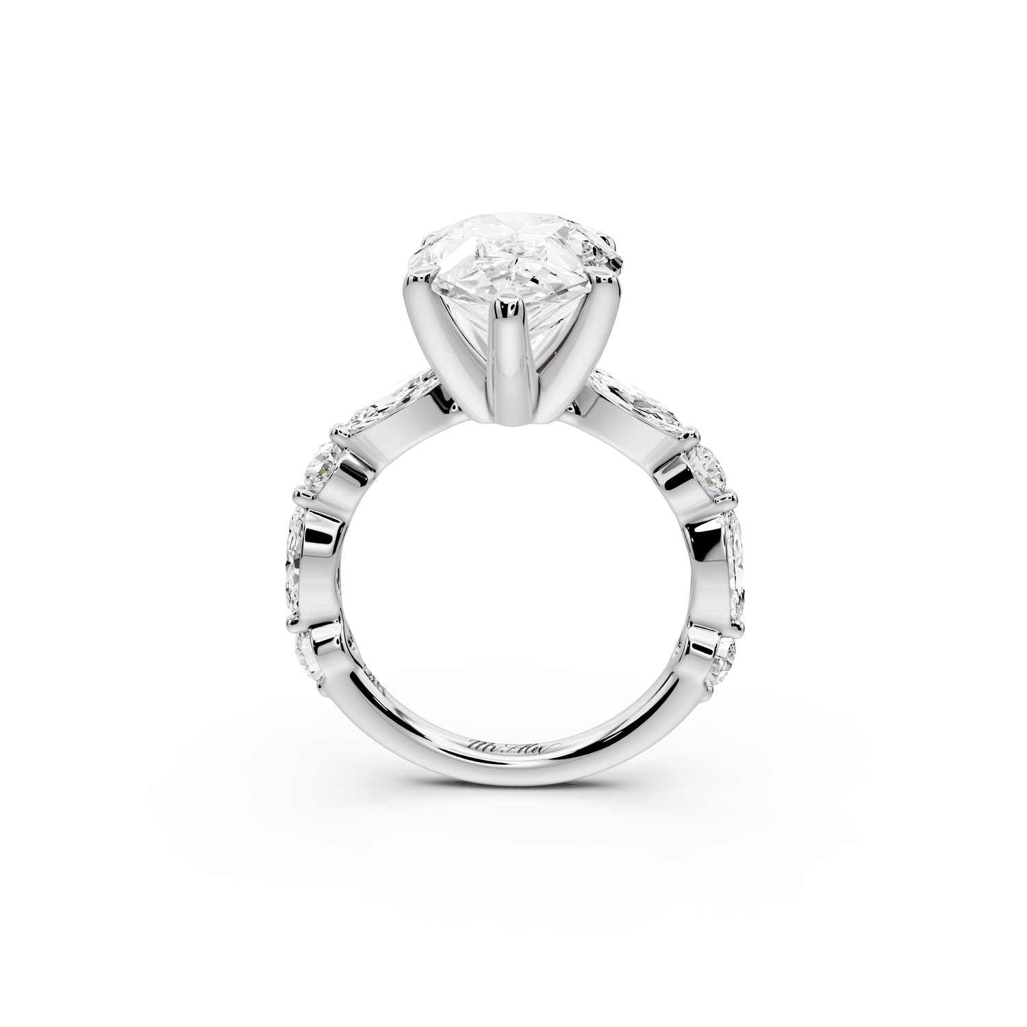 Amalia - 5ct 14k white gold pear Round Diamond with Alternating 8-Stone Marquise and Round Diamond Band Engagement Ring