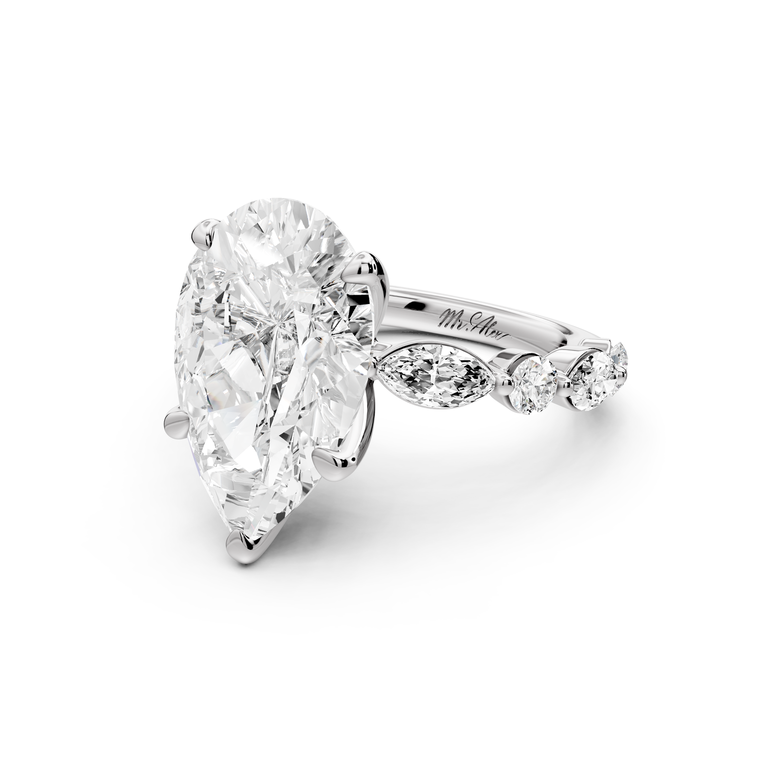 Amalia - 5ct 14k white gold pear Round Diamond with Alternating 8-Stone Marquise and Round Diamond Band Engagement Ring
