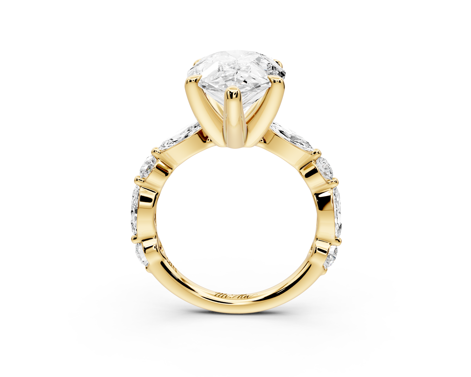 Amalia - 5ct 14k yellow gold pear Round Diamond with Alternating 8-Stone Marquise and Round Diamond Band Engagement Ring