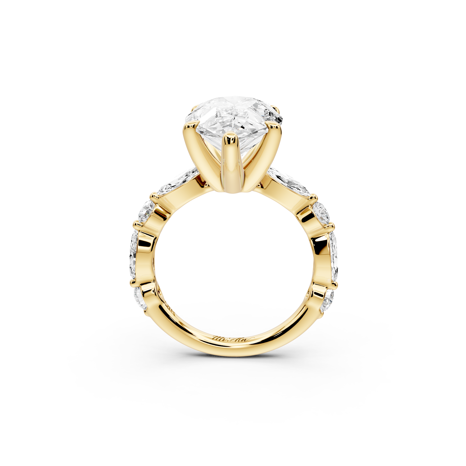 Amalia - 5ct 14k yellow gold pear Round Diamond with Alternating 8-Stone Marquise and Round Diamond Band Engagement Ring