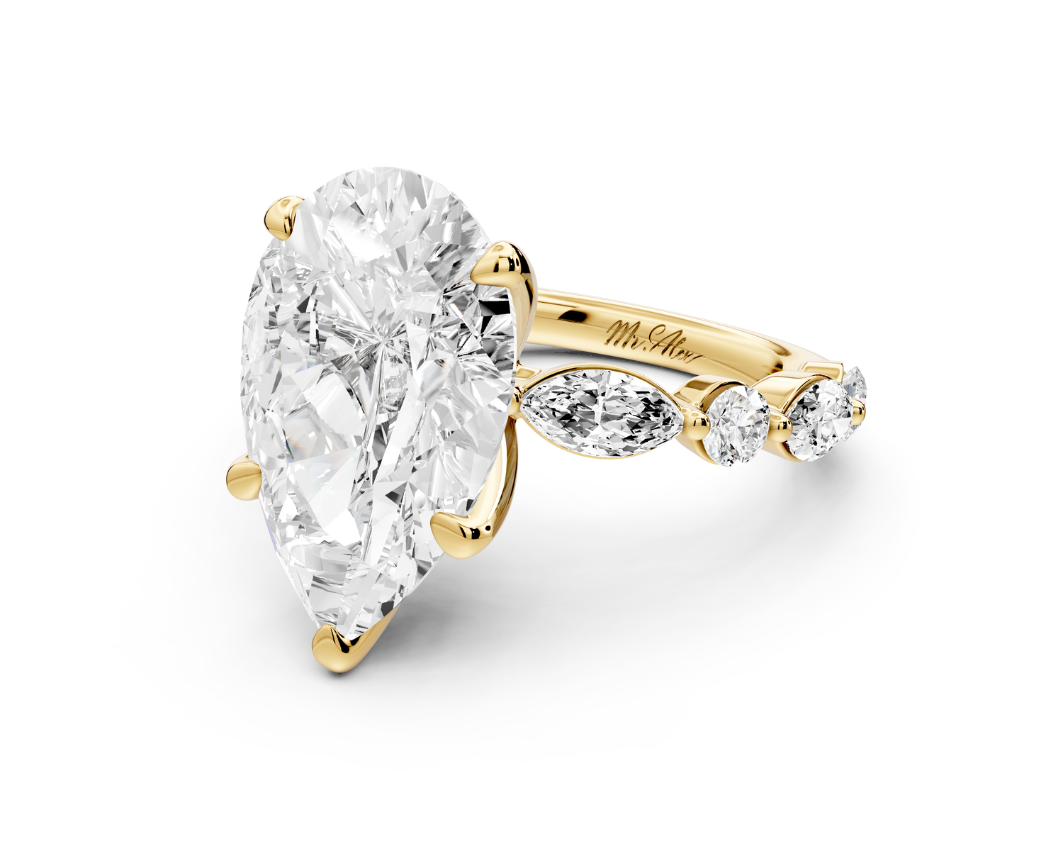 Amalia - 5ct 14k yellow gold pear Round Diamond with Alternating 8-Stone Marquise and Round Diamond Band Engagement Ring