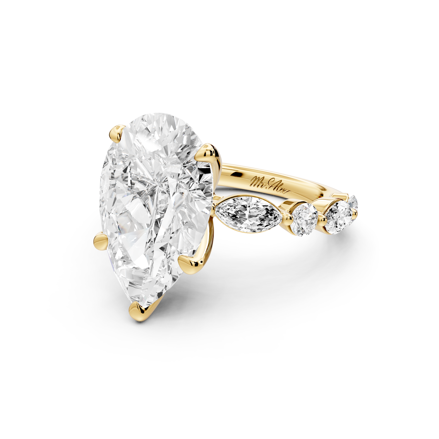 Amalia - 5ct 14k yellow gold pear Round Diamond with Alternating 8-Stone Marquise and Round Diamond Band Engagement Ring