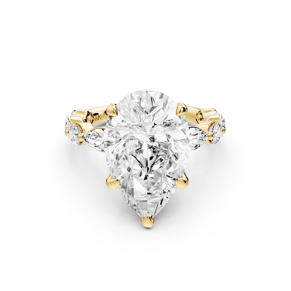Amalia - 5ct 14k yellow gold pear Round Diamond with Alternating 8-Stone Marquise and Round Diamond Band Engagement Ring