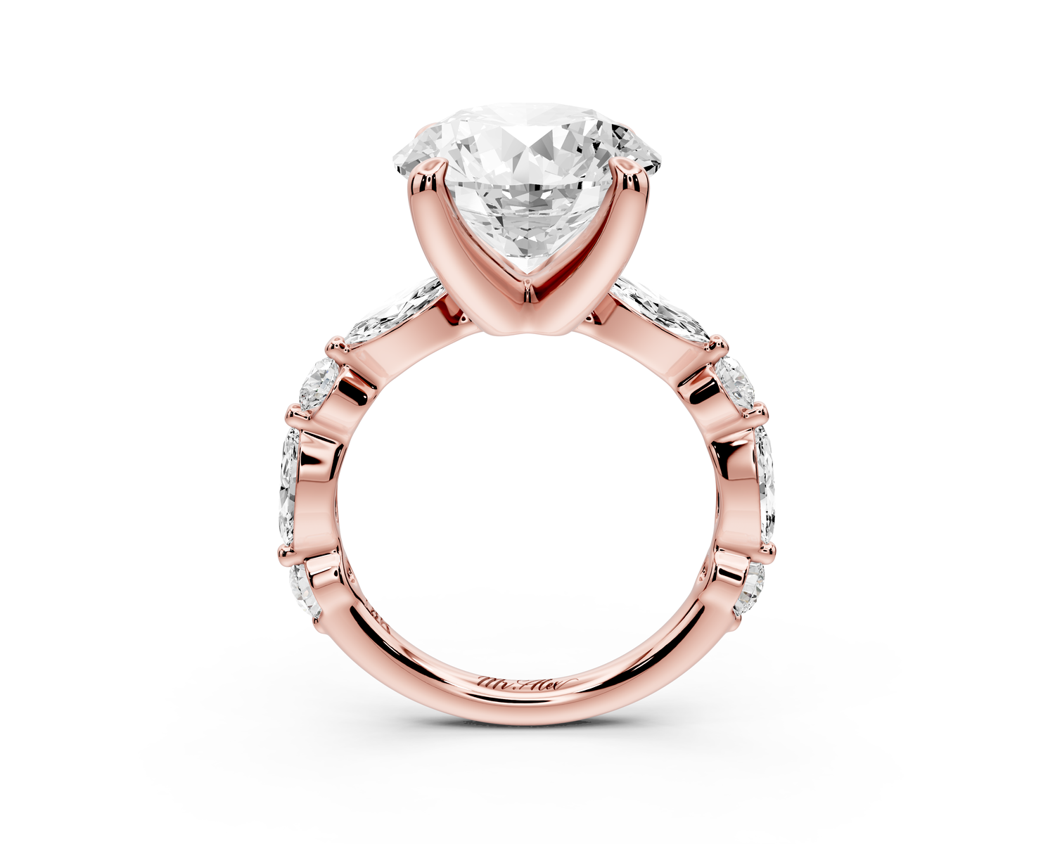 Amalia - 5ct 14k rose gold round Round Diamond with Alternating 8-Stone Marquise and Round Diamond Band Engagement Ring
