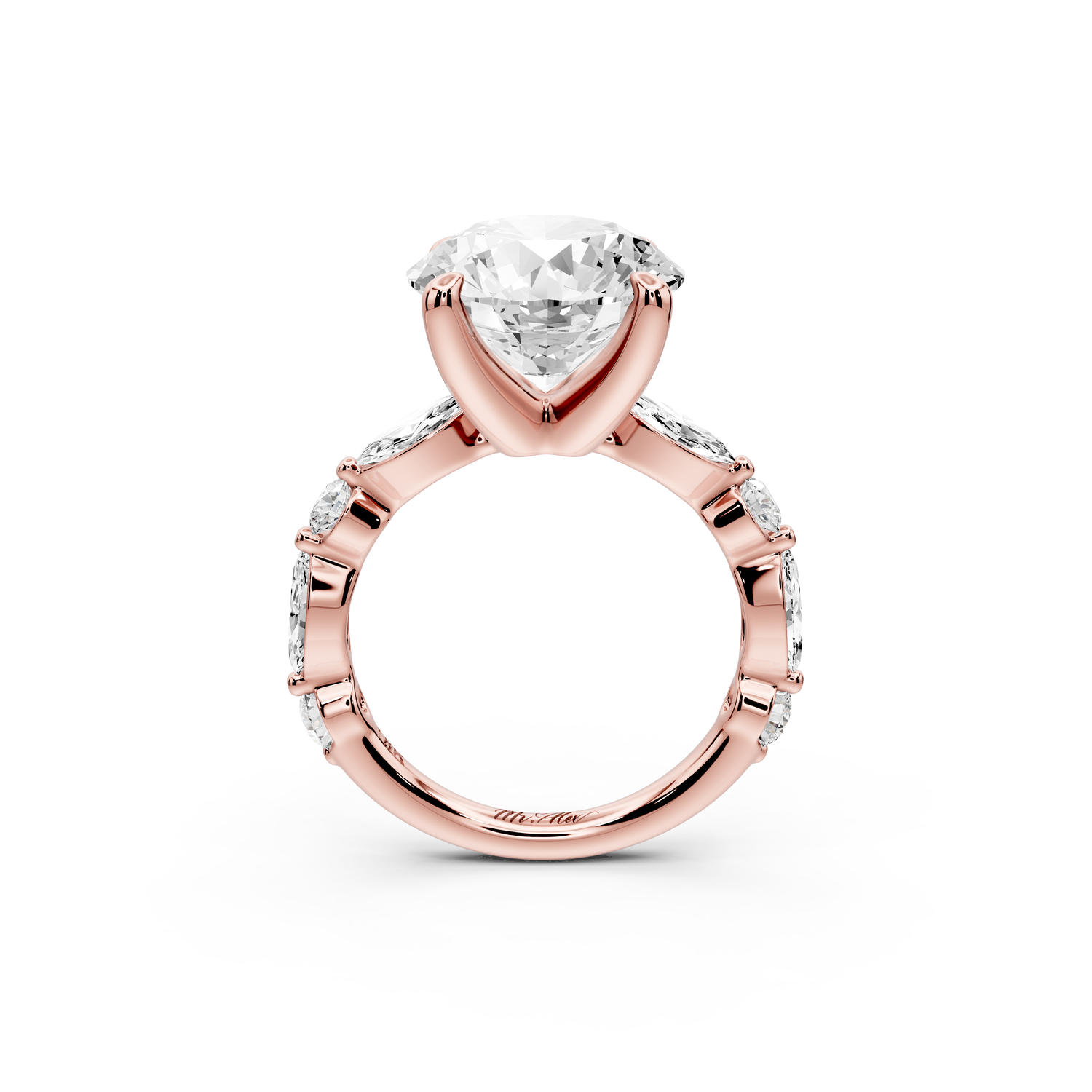 Amalia - 5ct 14k rose gold round Round Diamond with Alternating 8-Stone Marquise and Round Diamond Band Engagement Ring