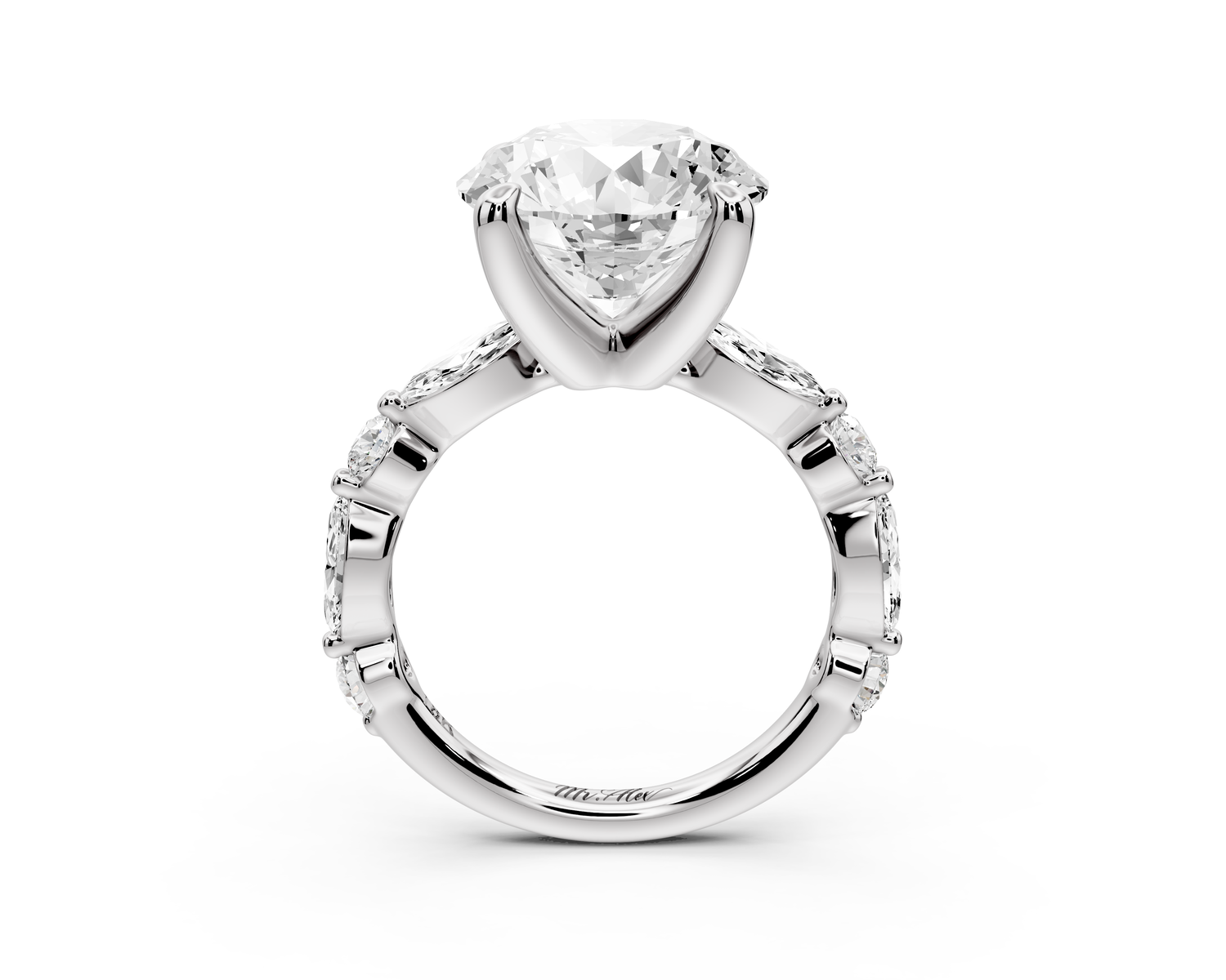 Amalia - 5ct 14k white gold round Round Diamond with Alternating 8-Stone Marquise and Round Diamond Band Engagement Ring