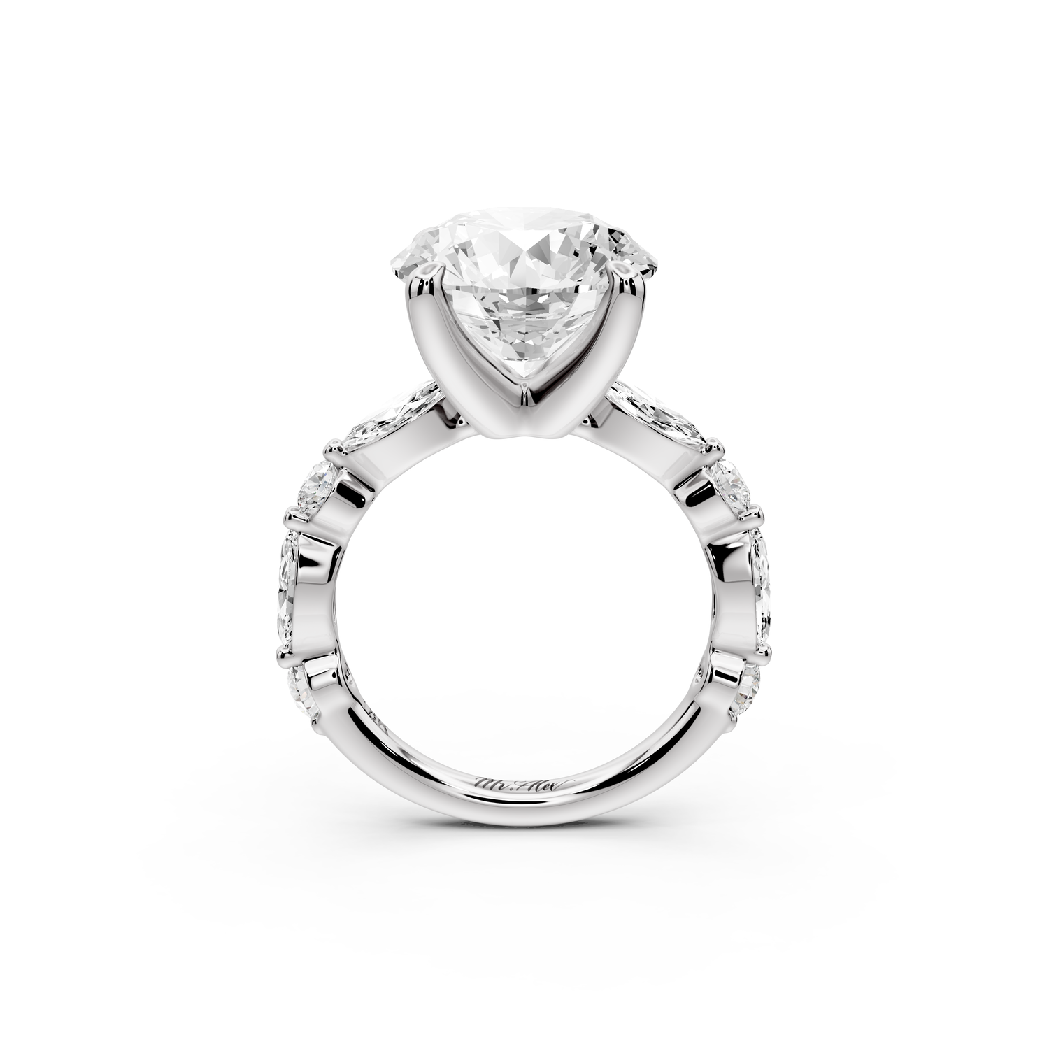 Amalia - 5ct 14k white gold round Round Diamond with Alternating 8-Stone Marquise and Round Diamond Band Engagement Ring