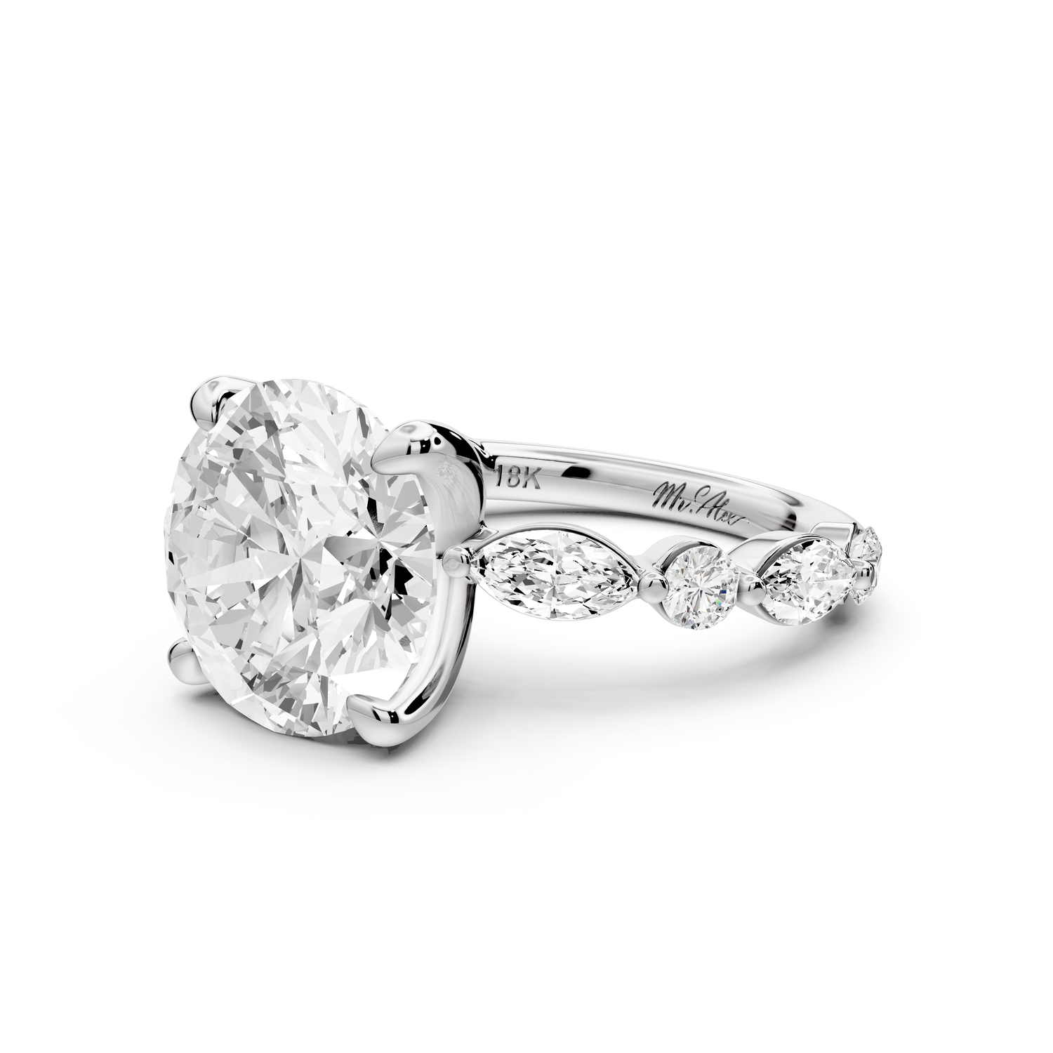 Amalia - 5ct 14k white gold round Round Diamond with Alternating 8-Stone Marquise and Round Diamond Band Engagement Ring