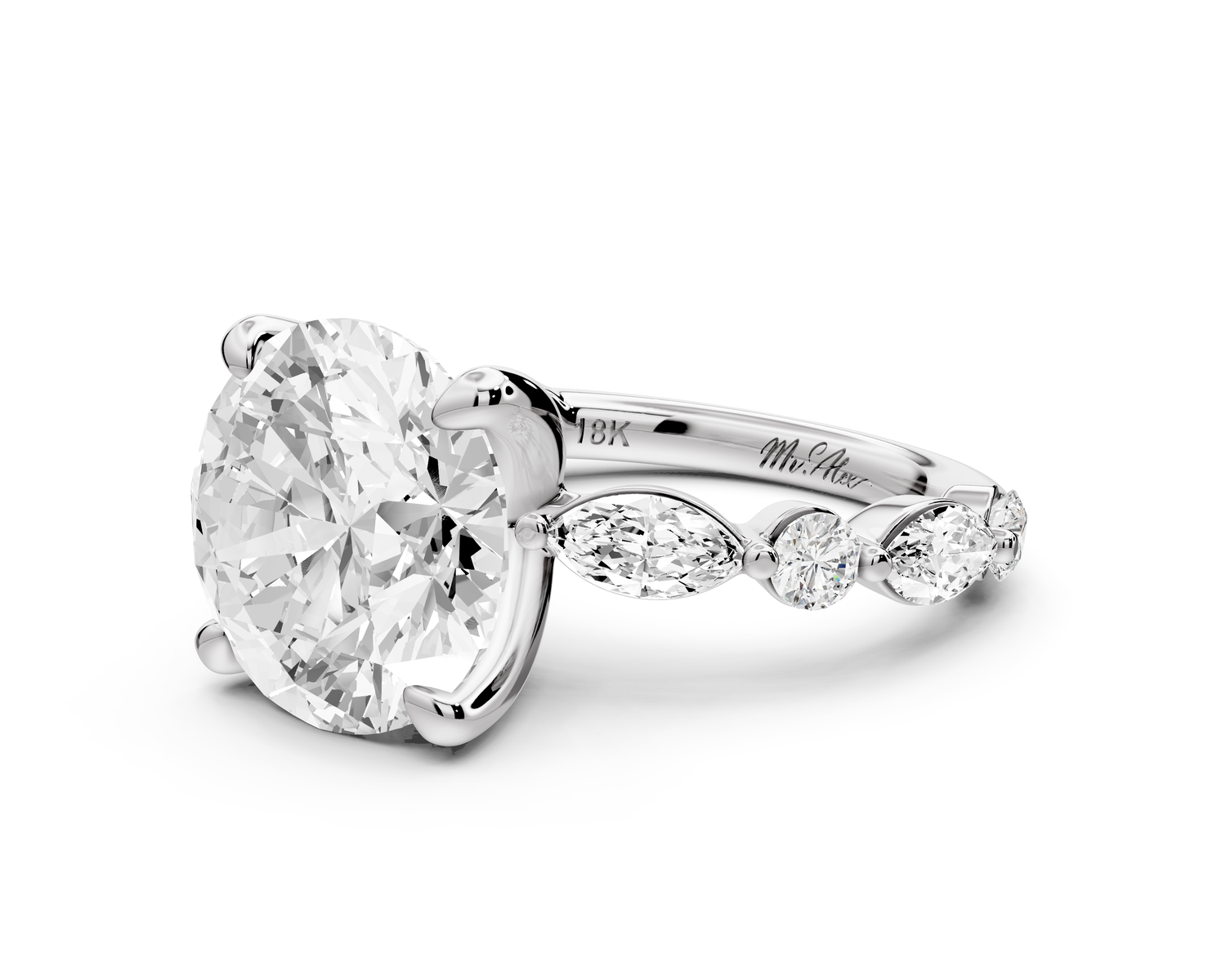 Amalia - 5ct 18k white gold round Round Diamond with Alternating 8-Stone Marquise and Round Diamond Band Engagement Ring