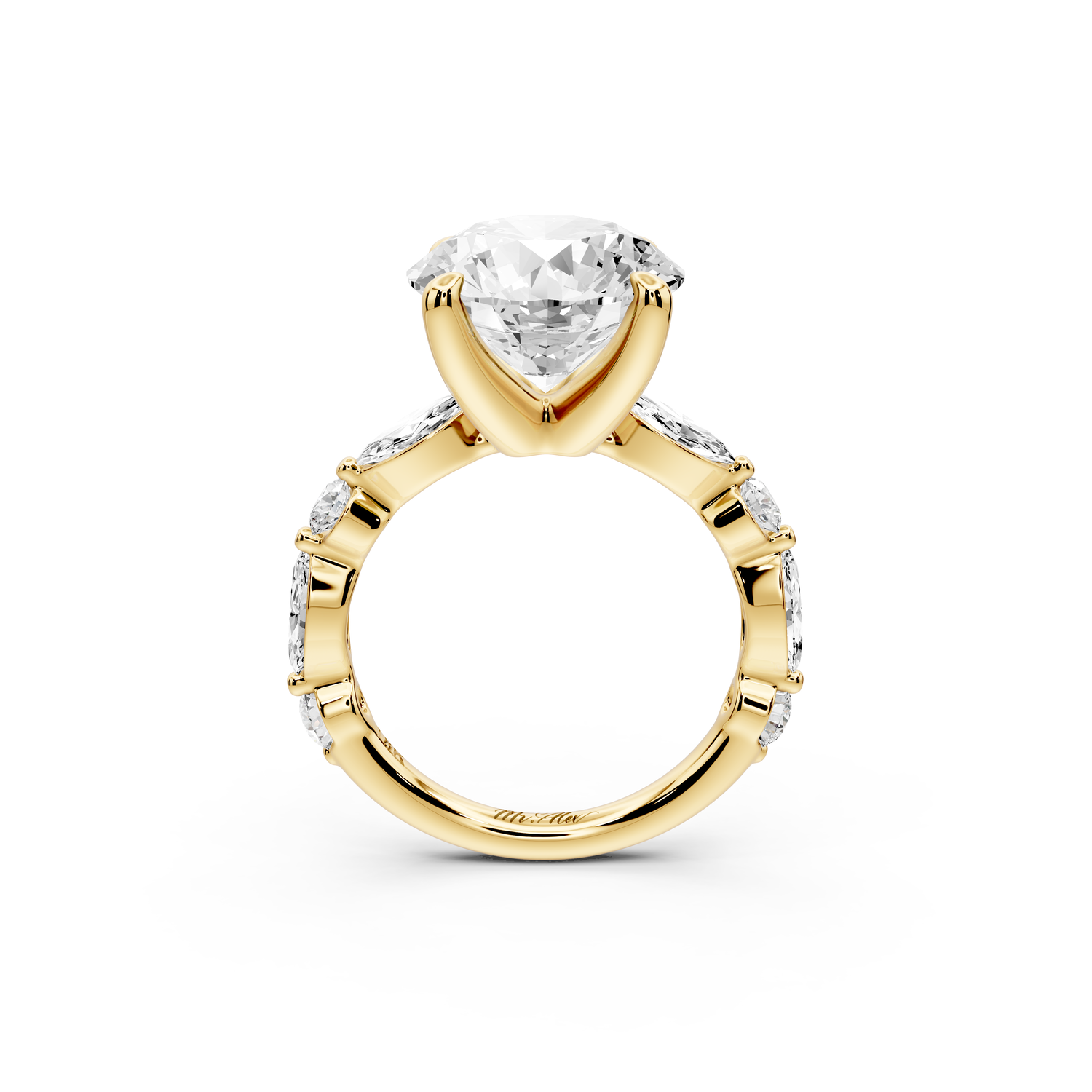 Amalia - 5ct 14k yellow gold round Round Diamond with Alternating 8-Stone Marquise and Round Diamond Band Engagement Ring