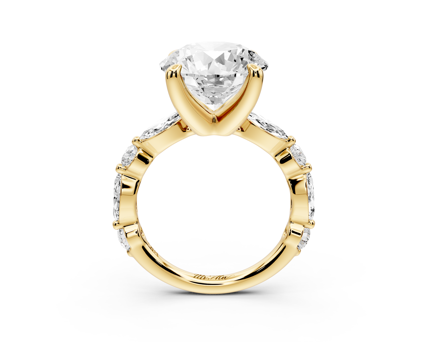 Amalia - 5ct 18k yellow gold round Round Diamond with Alternating 8-Stone Marquise and Round Diamond Band Engagement Ring