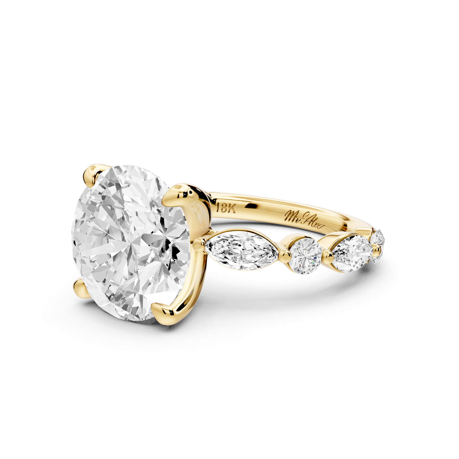 Amalia - 5ct 14k yellow gold round Round Diamond with Alternating 8-Stone Marquise and Round Diamond Band Engagement Ring