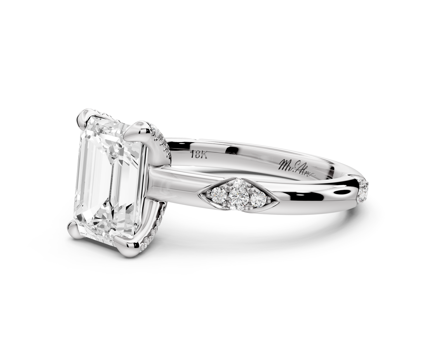 Luna - 2ct 14k white gold emerald Diamond Crown with Flush-Set Diamond Clusters Engagement Ring