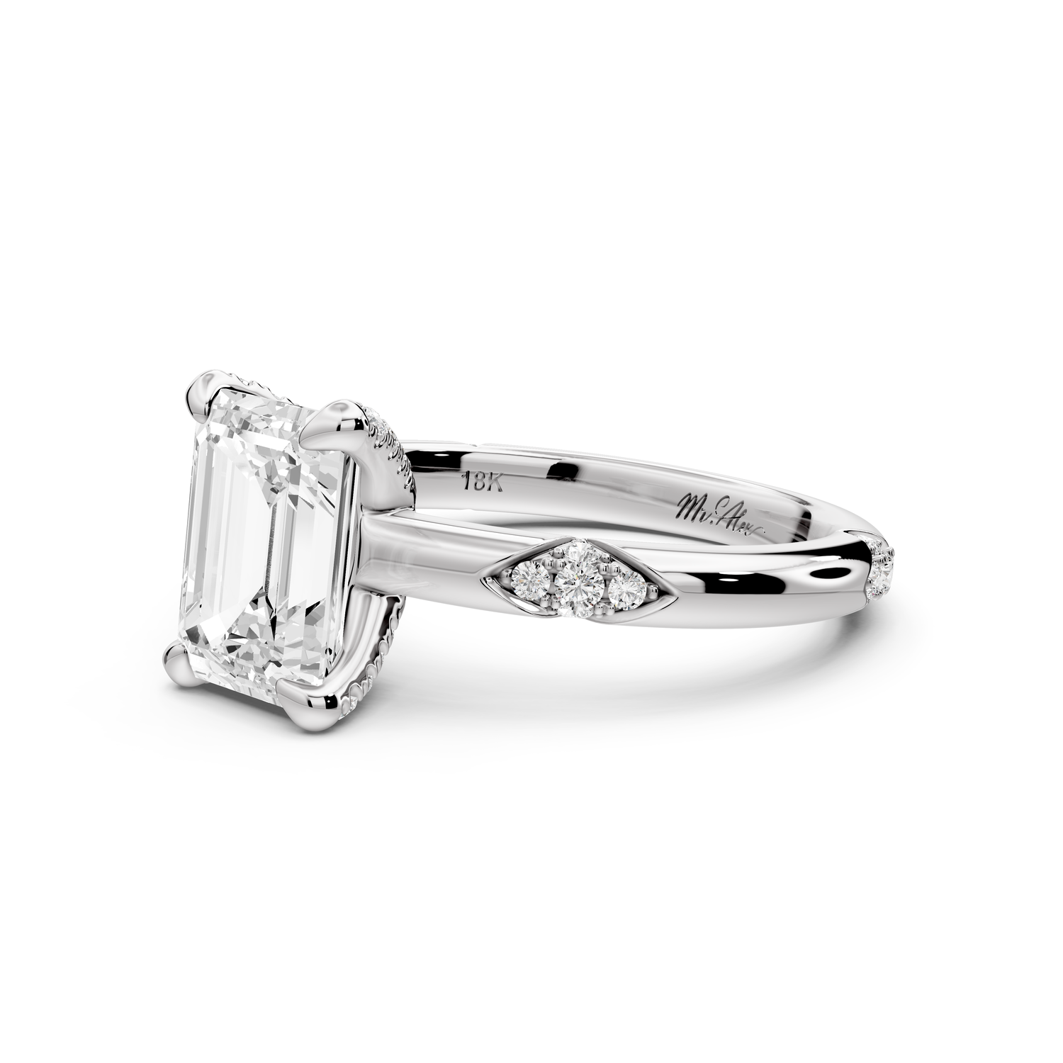 Luna - 2ct 14k white gold emerald Diamond Crown with Flush-Set Diamond Clusters Engagement Ring