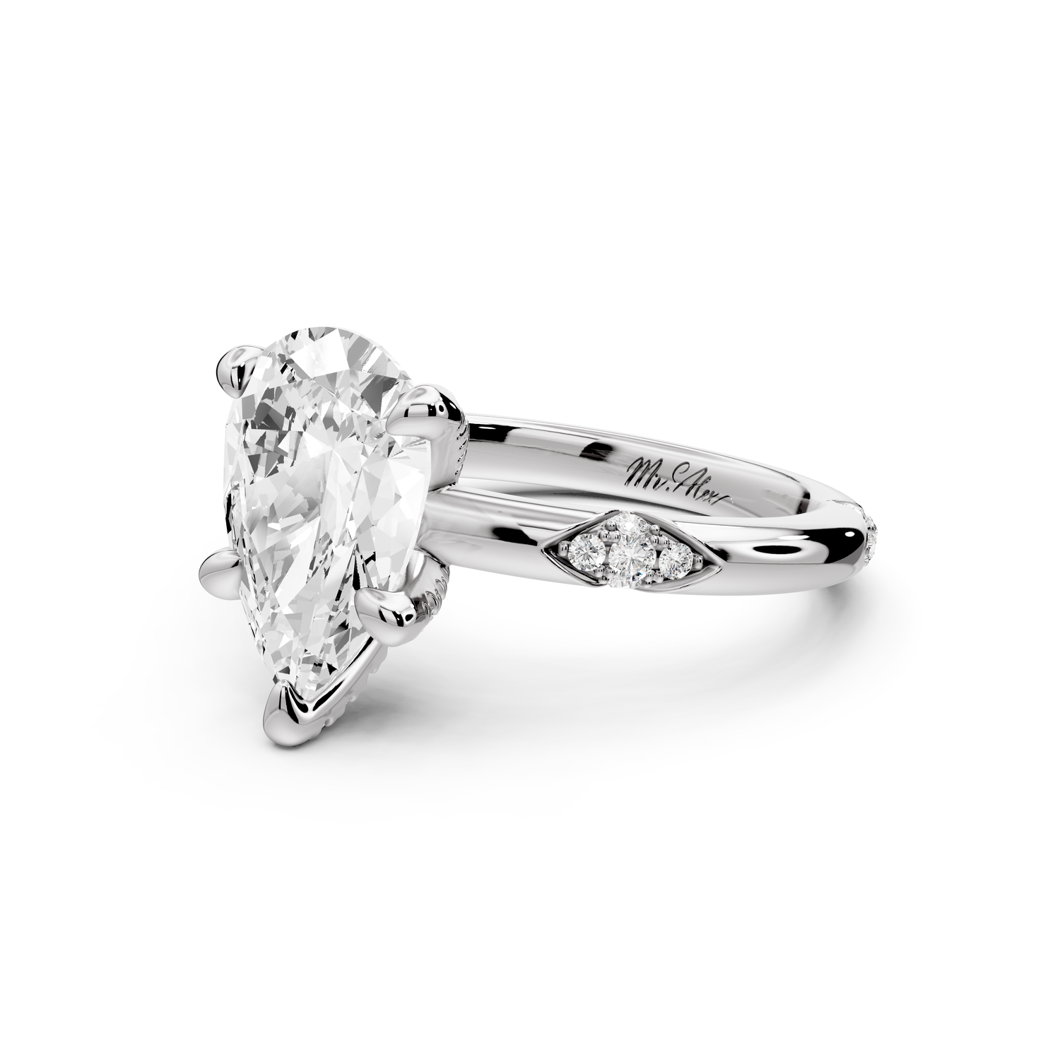 Luna - 2ct 14k white gold pear Diamond Crown with Flush-Set Diamond Clusters Engagement Ring