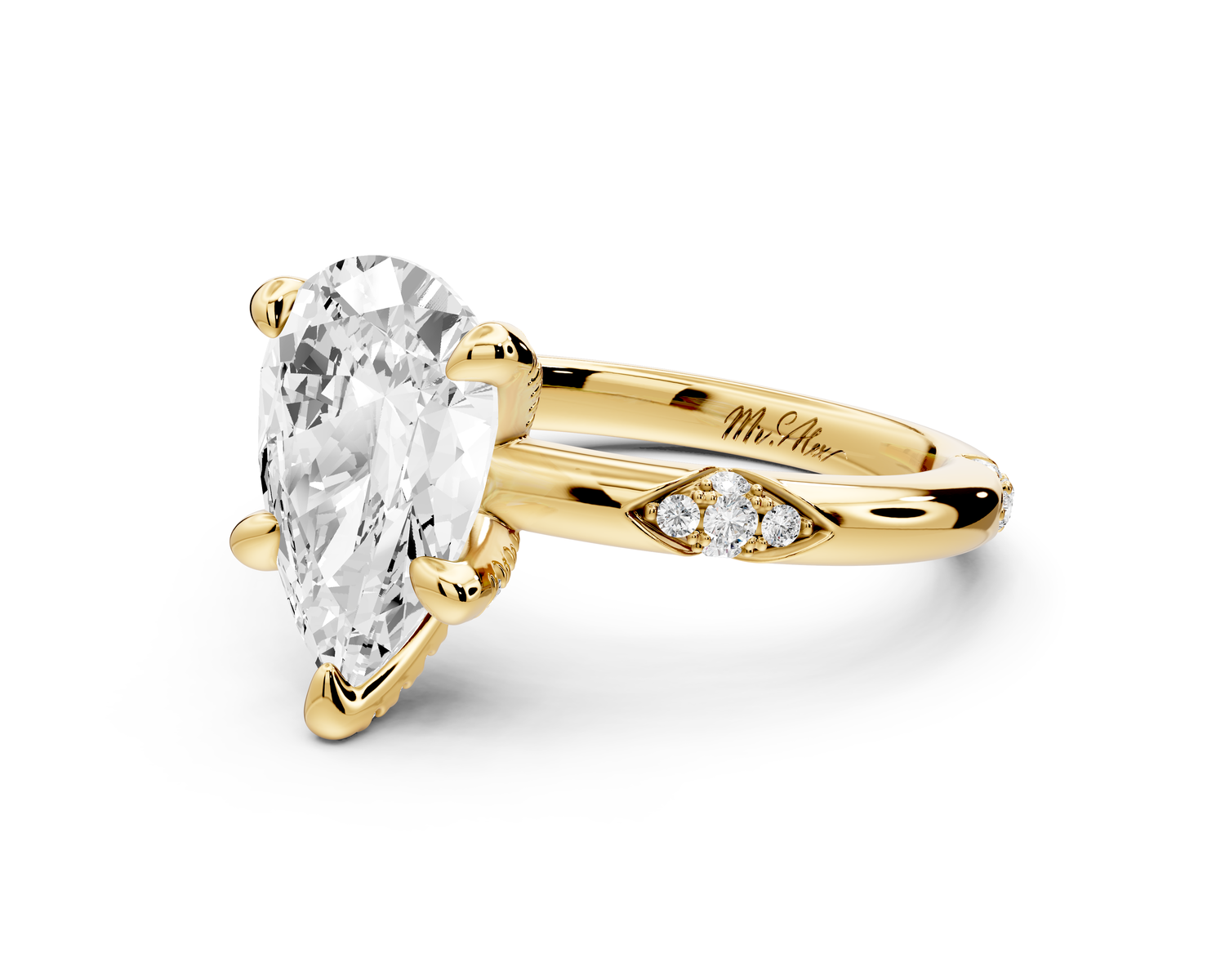 Luna - 2ct 14k yellow gold pear Diamond Crown with Flush-Set Diamond Clusters Engagement Ring