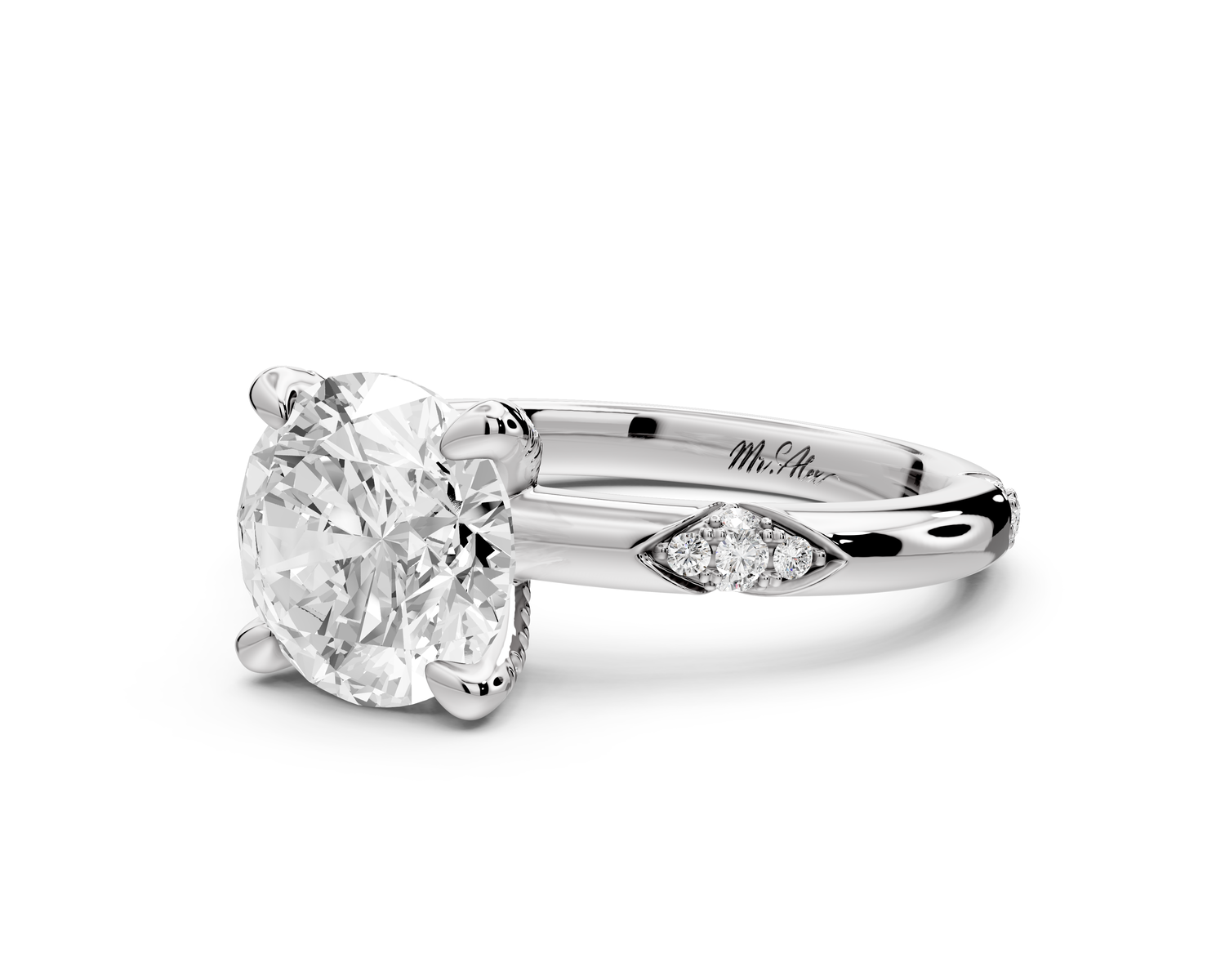 Luna - 2ct 14k white gold round Diamond Crown with Flush-Set Diamond Clusters Engagement Ring