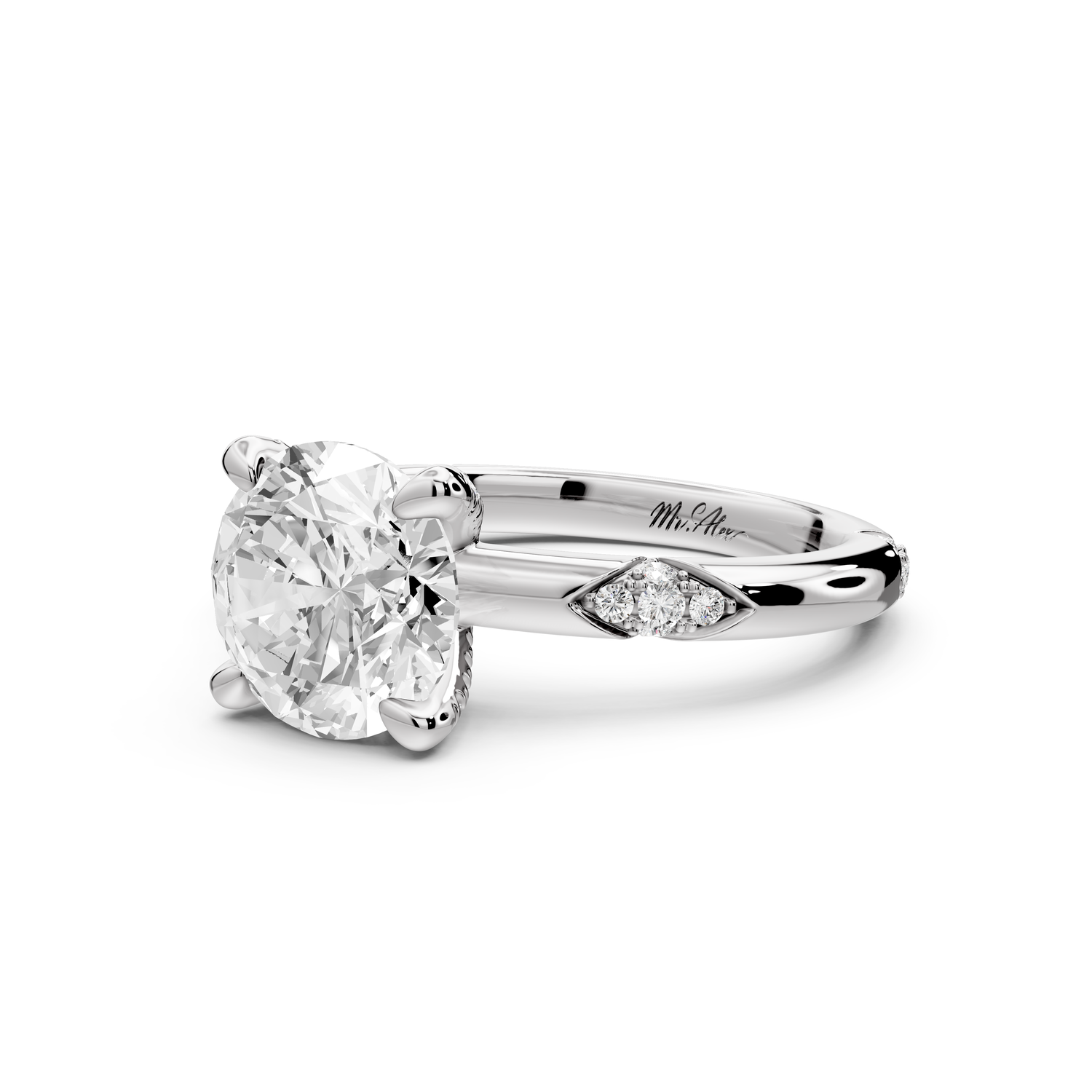 Luna - 2ct 14k white gold round Diamond Crown with Flush-Set Diamond Clusters Engagement Ring