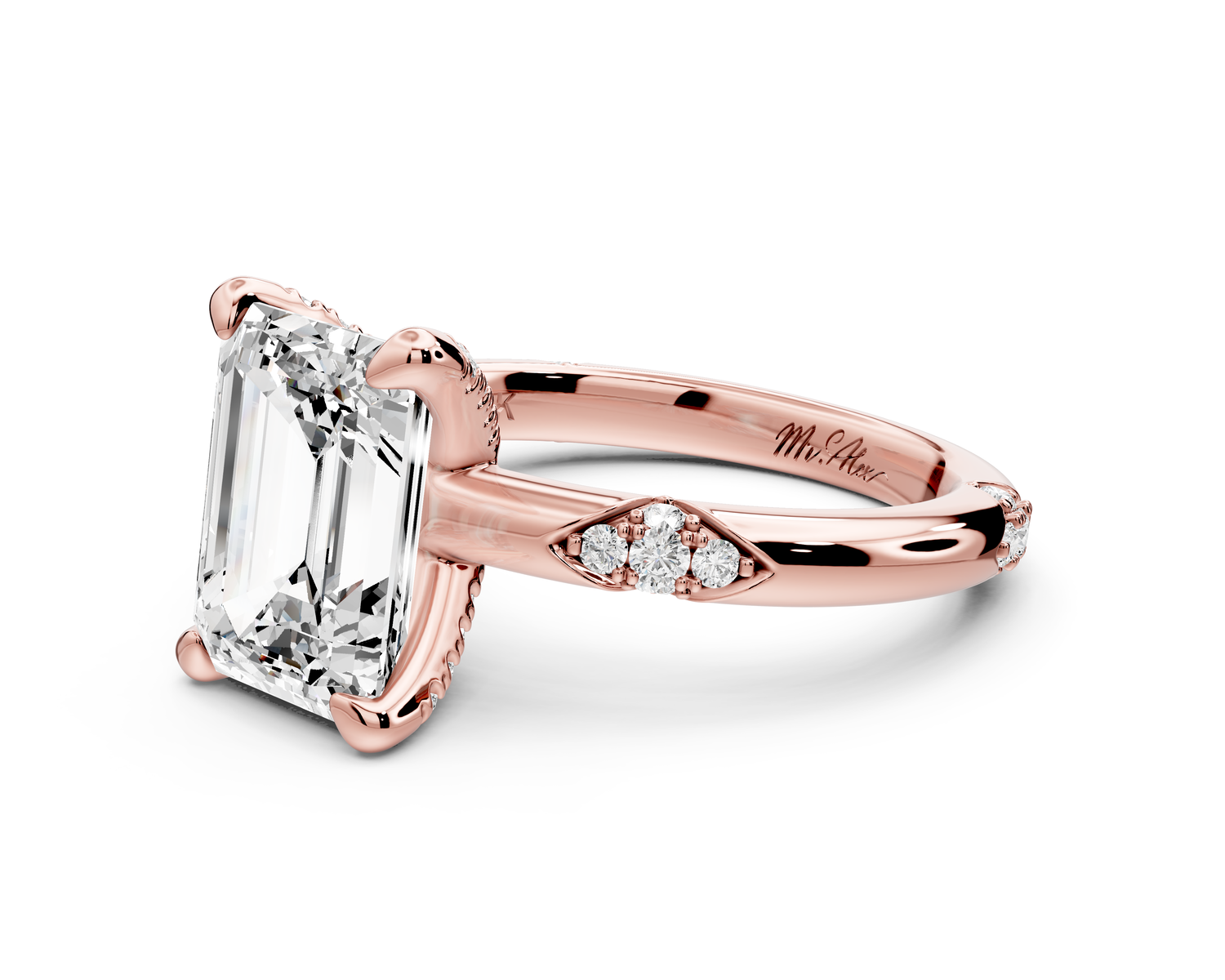 Luna - 3ct 14k rose gold emerald Diamond Crown with Flush-Set Diamond Clusters Engagement Ring