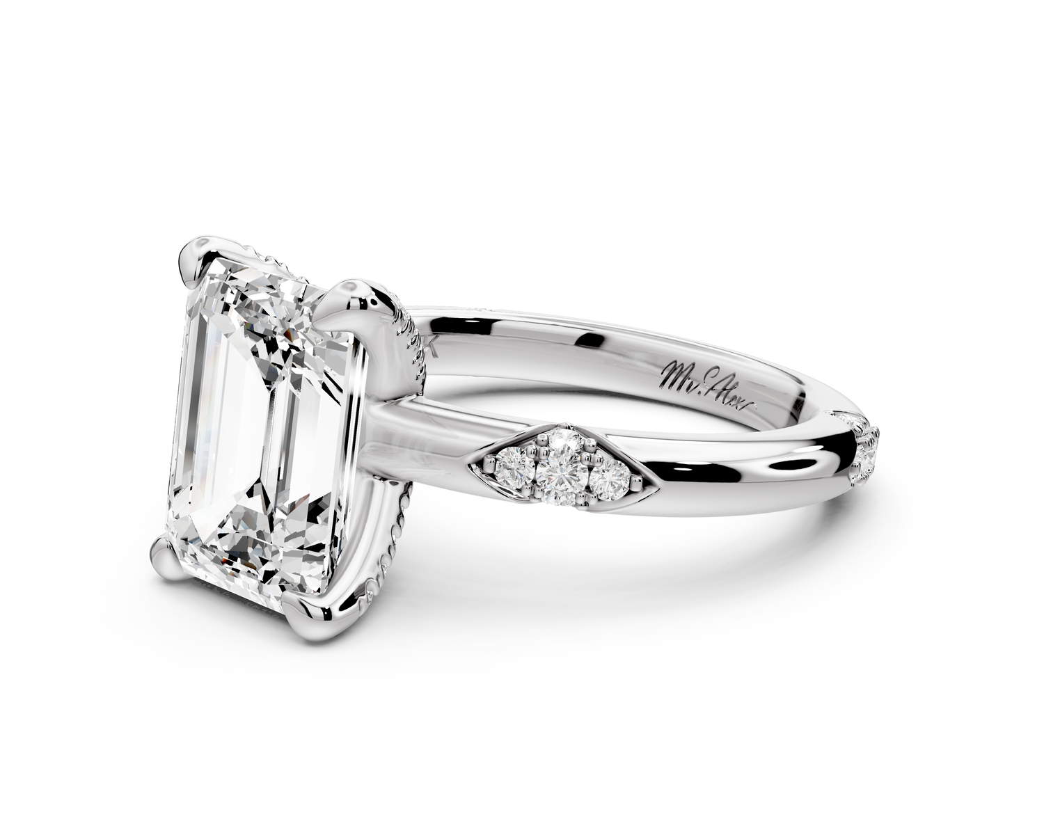 Luna - 3ct 14k white gold emerald Diamond Crown with Flush-Set Diamond Clusters Engagement Ring