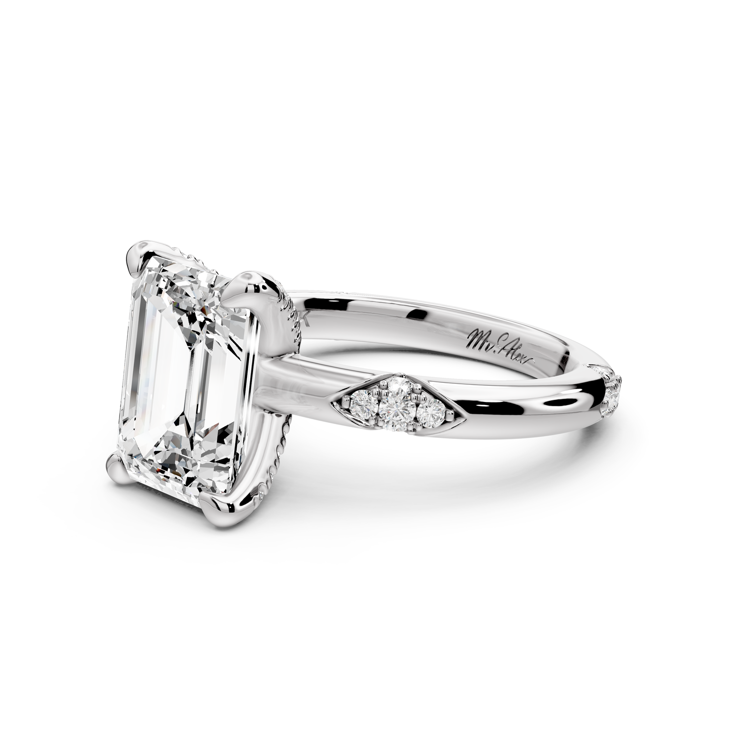 Luna - 3ct 14k white gold emerald Diamond Crown with Flush-Set Diamond Clusters Engagement Ring