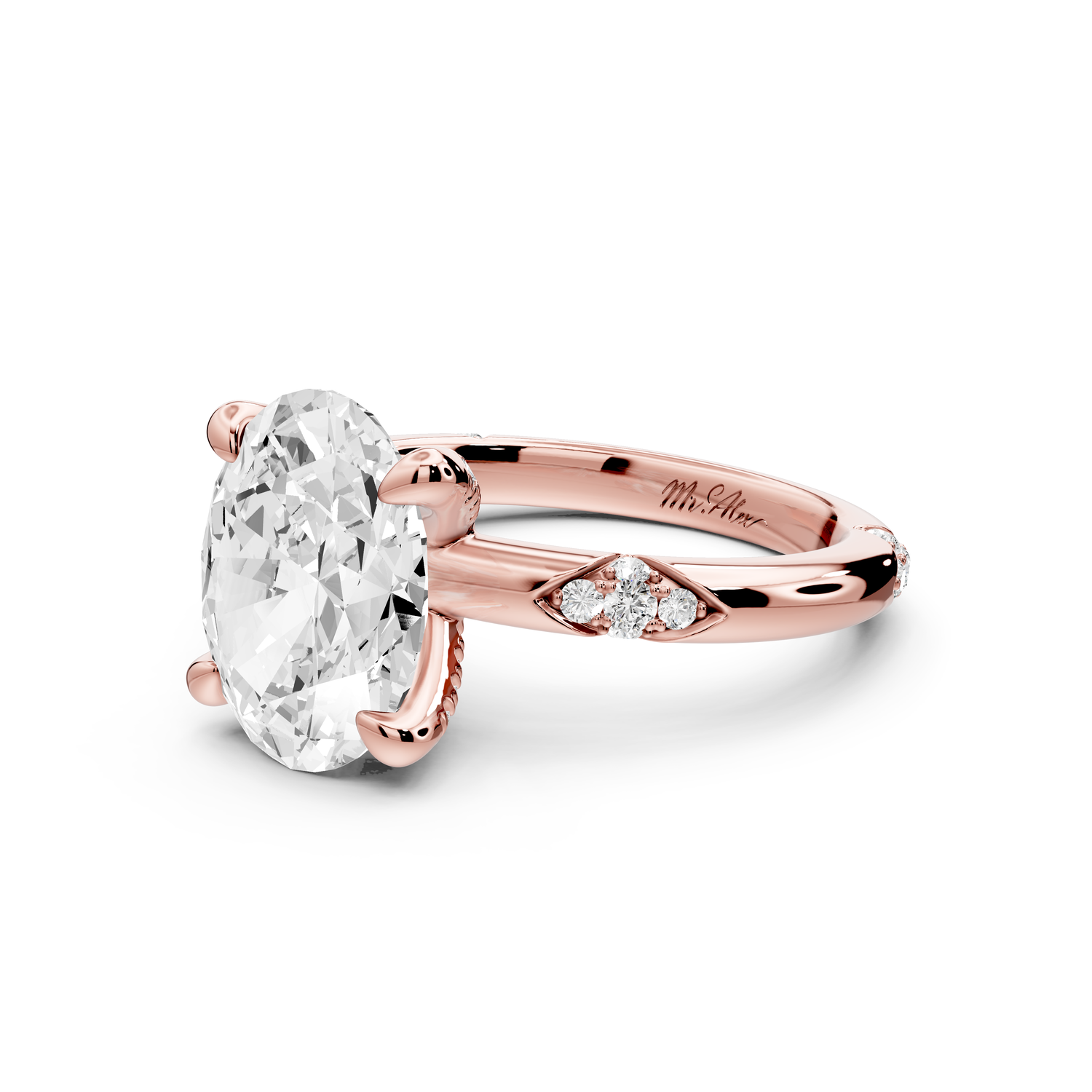Luna - 3ct 14k rose gold oval Diamond Crown with Flush-Set Diamond Clusters Engagement Ring