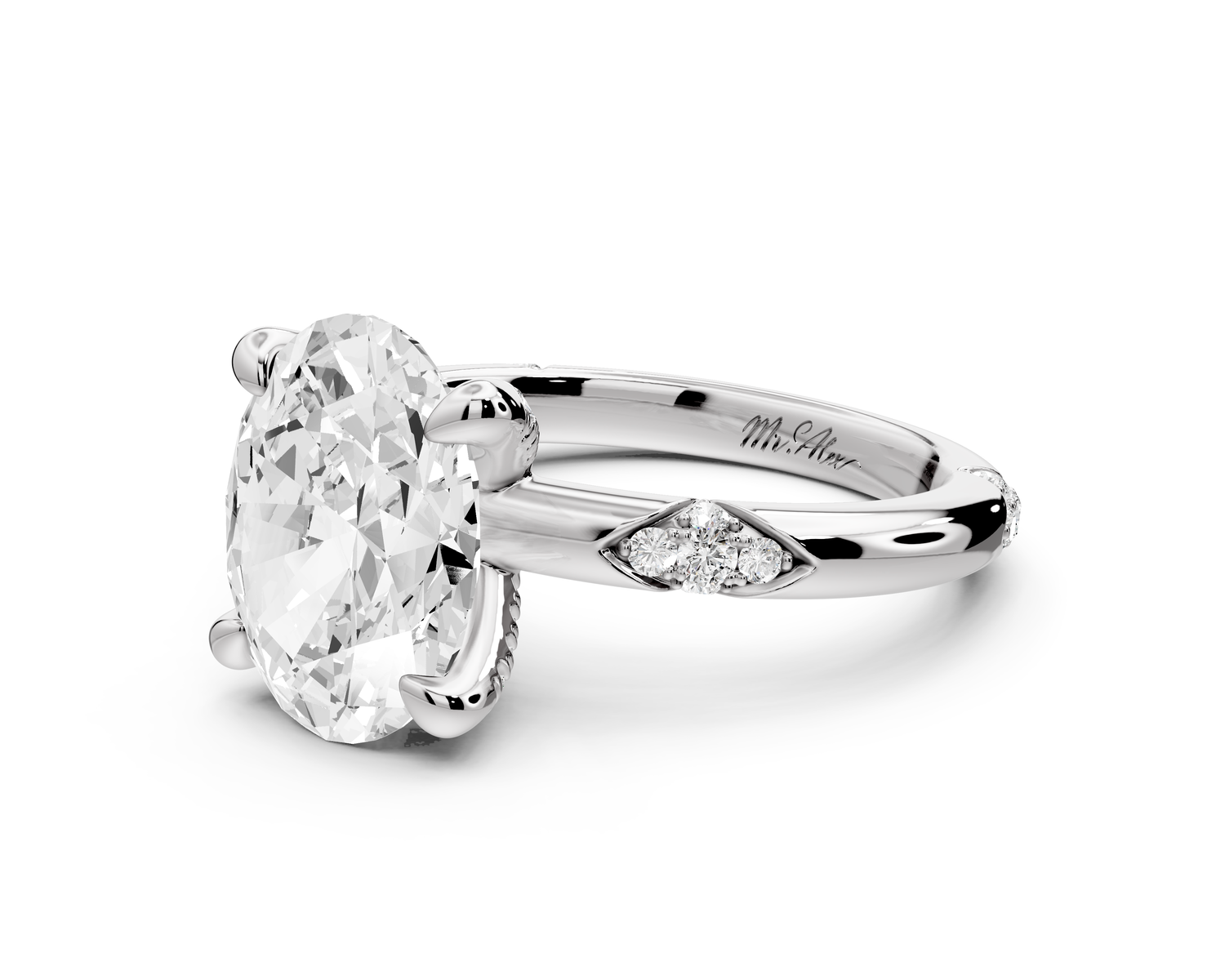 Luna - 3ct 14k white gold oval Diamond Crown with Flush-Set Diamond Clusters Engagement Ring