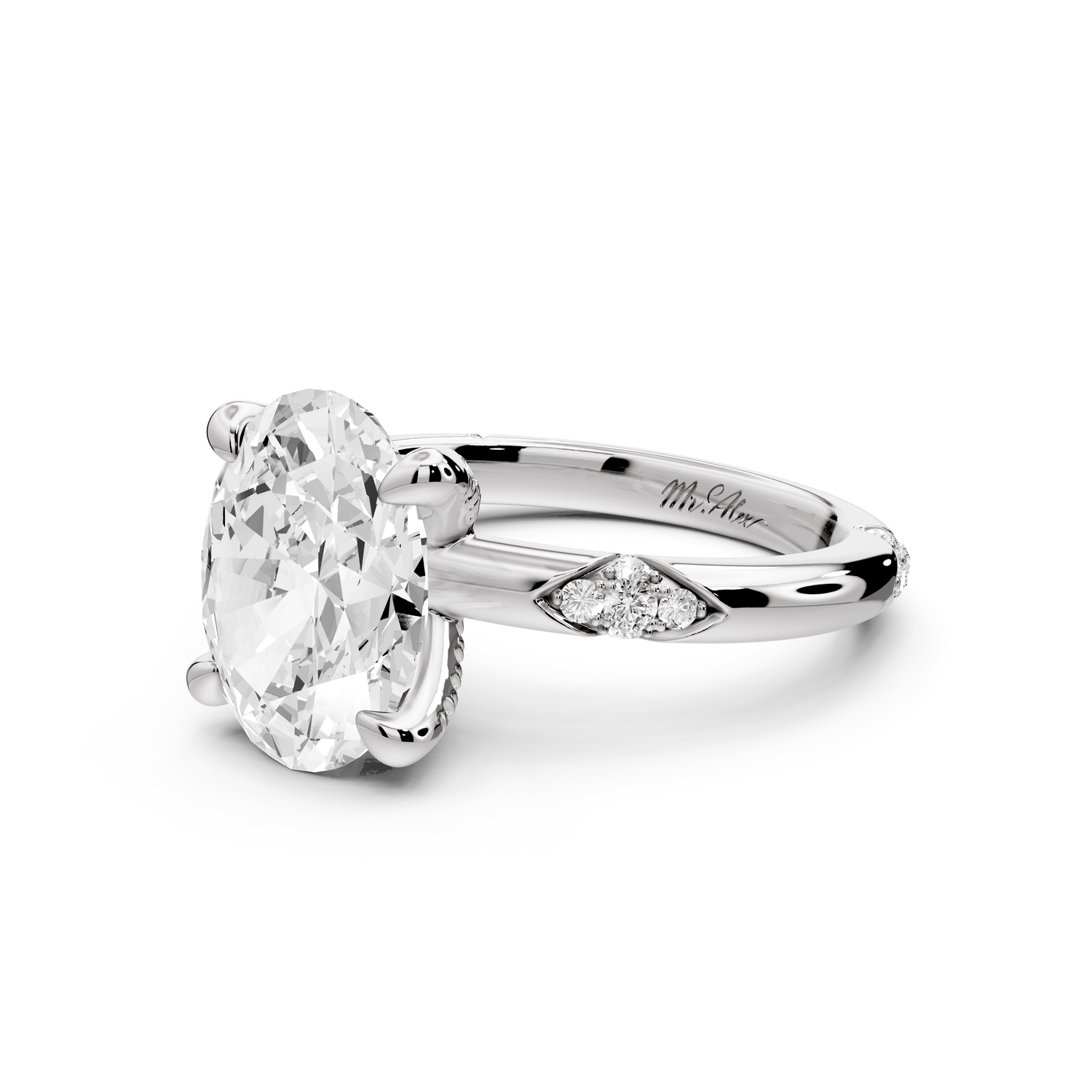 Luna - 3ct 14k white gold oval Diamond Crown with Flush-Set Diamond Clusters Engagement Ring