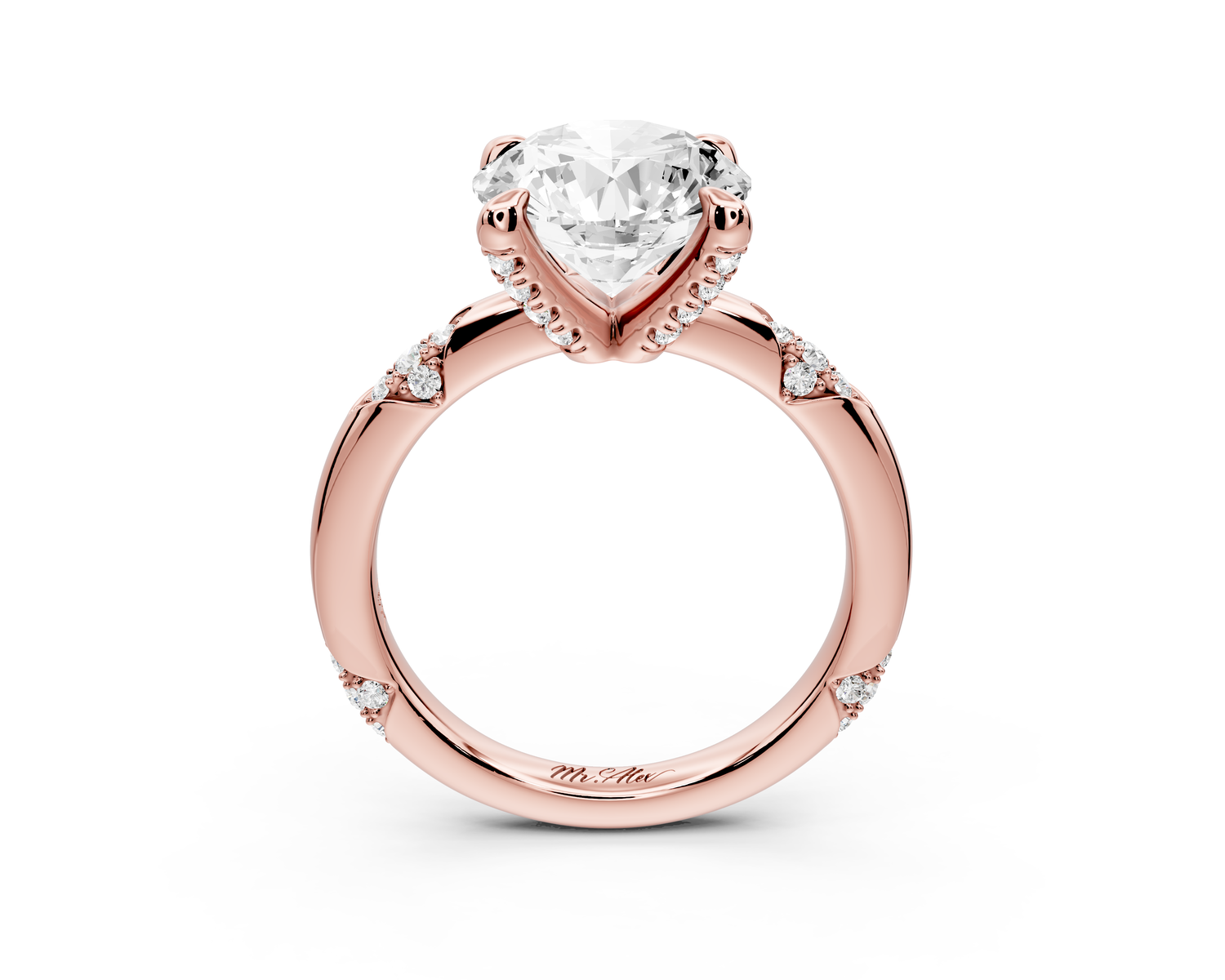 Luna - 3ct 14k rose gold round Diamond Crown with Flush-Set Diamond Clusters Engagement Ring