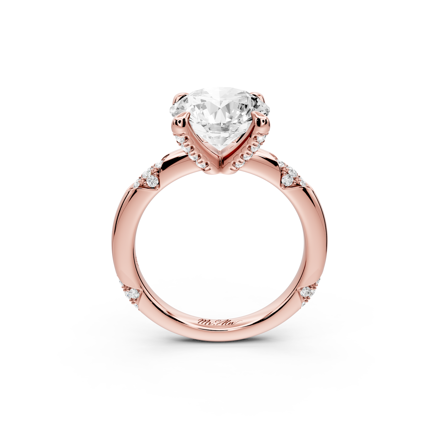 Luna - 3ct 14k rose gold round Diamond Crown with Flush-Set Diamond Clusters Engagement Ring