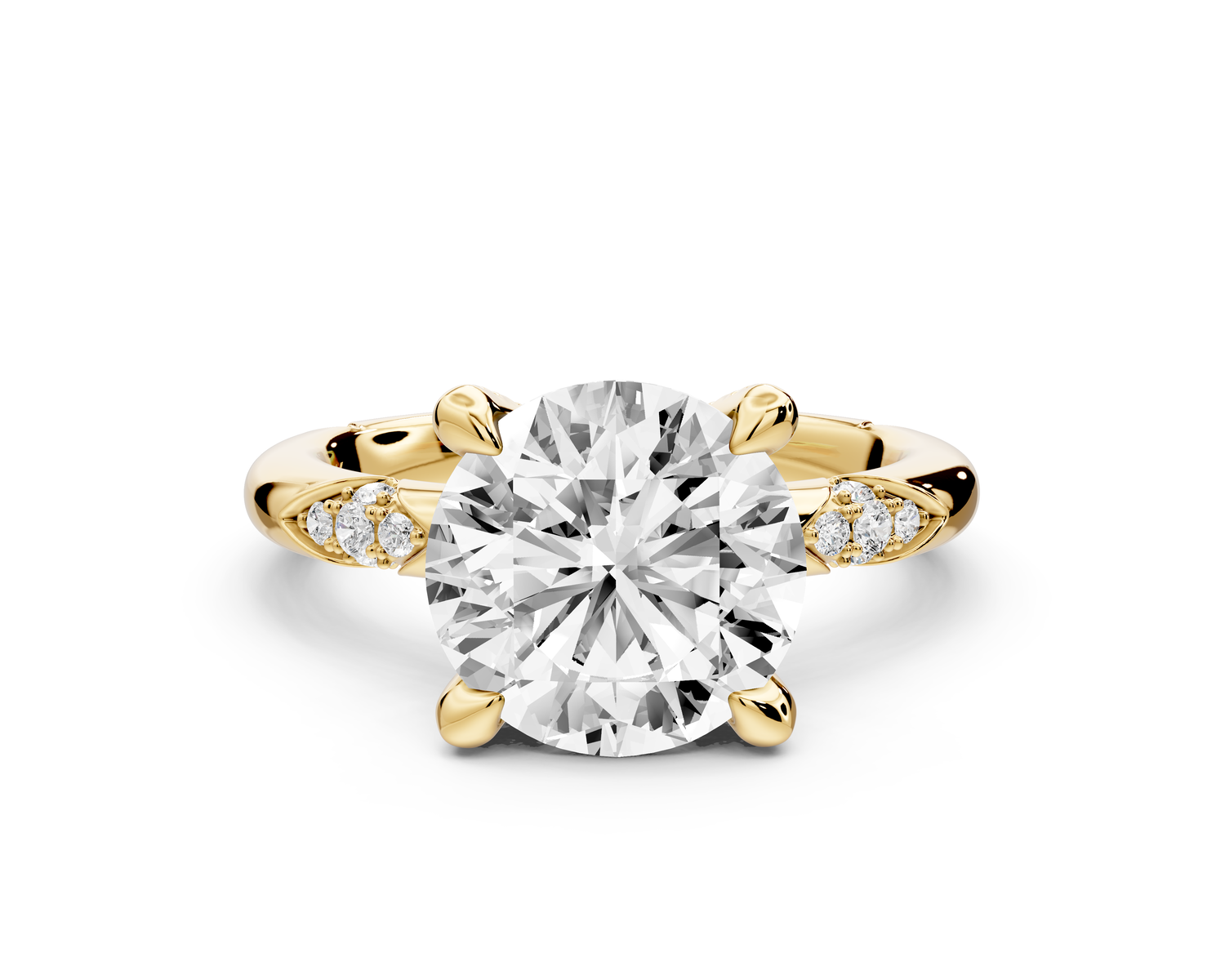 Luna - 3ct 14k yellow gold round Diamond Crown with Flush-Set Diamond Clusters Engagement Ring