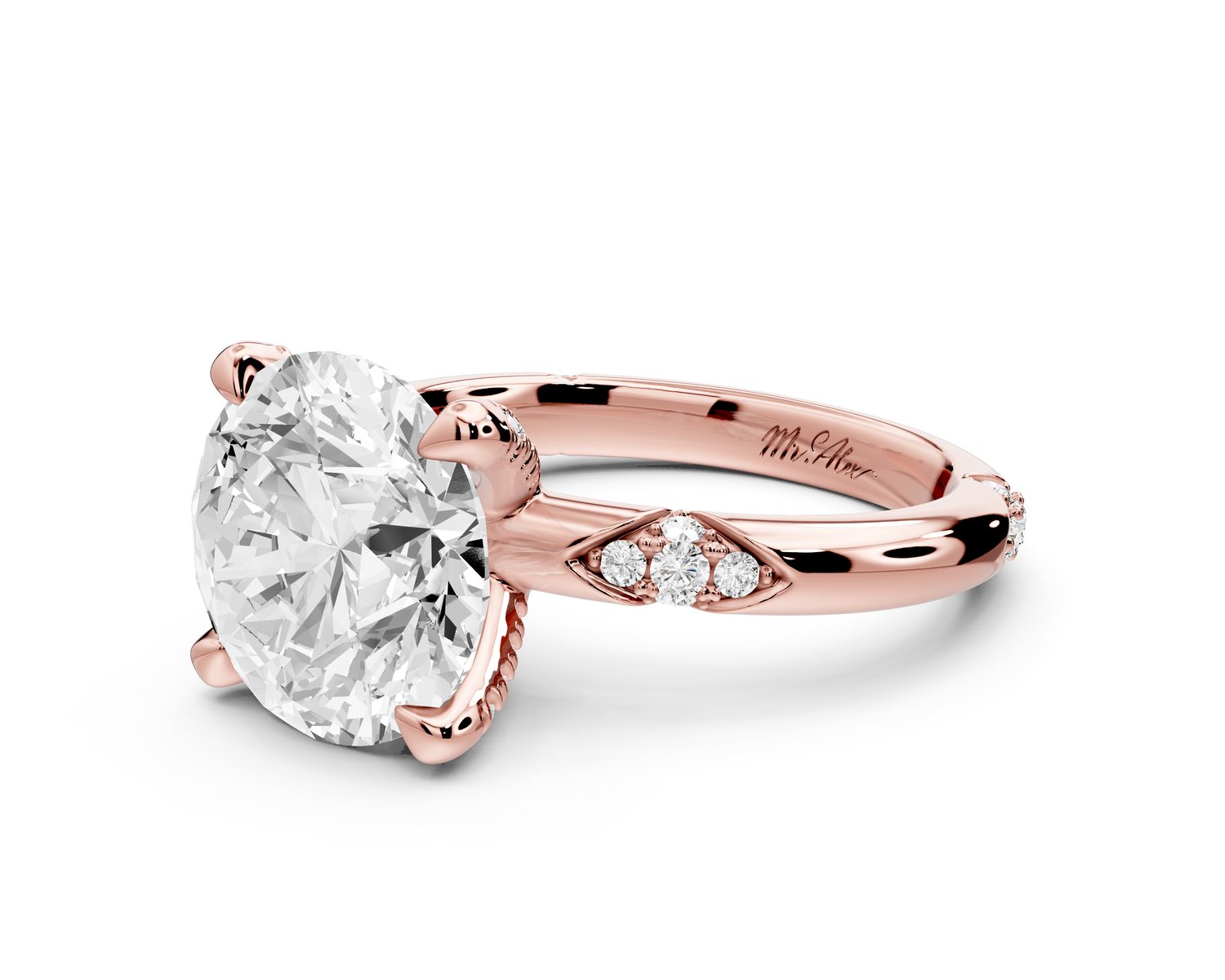 Luna - 4ct 14k rose gold round Diamond Crown with Flush-Set Diamond Clusters Engagement Ring