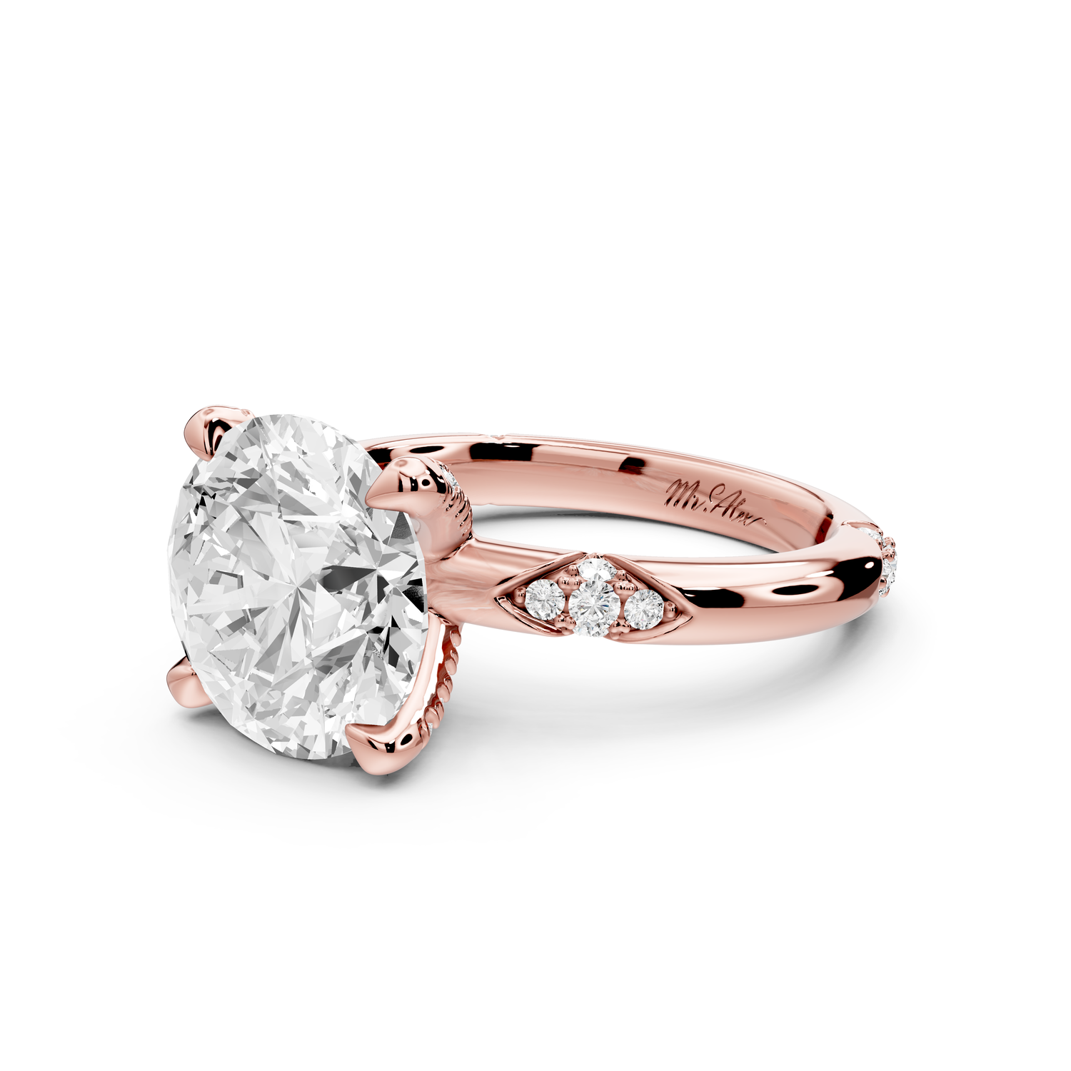 Luna - 4ct 14k rose gold round Diamond Crown with Flush-Set Diamond Clusters Engagement Ring