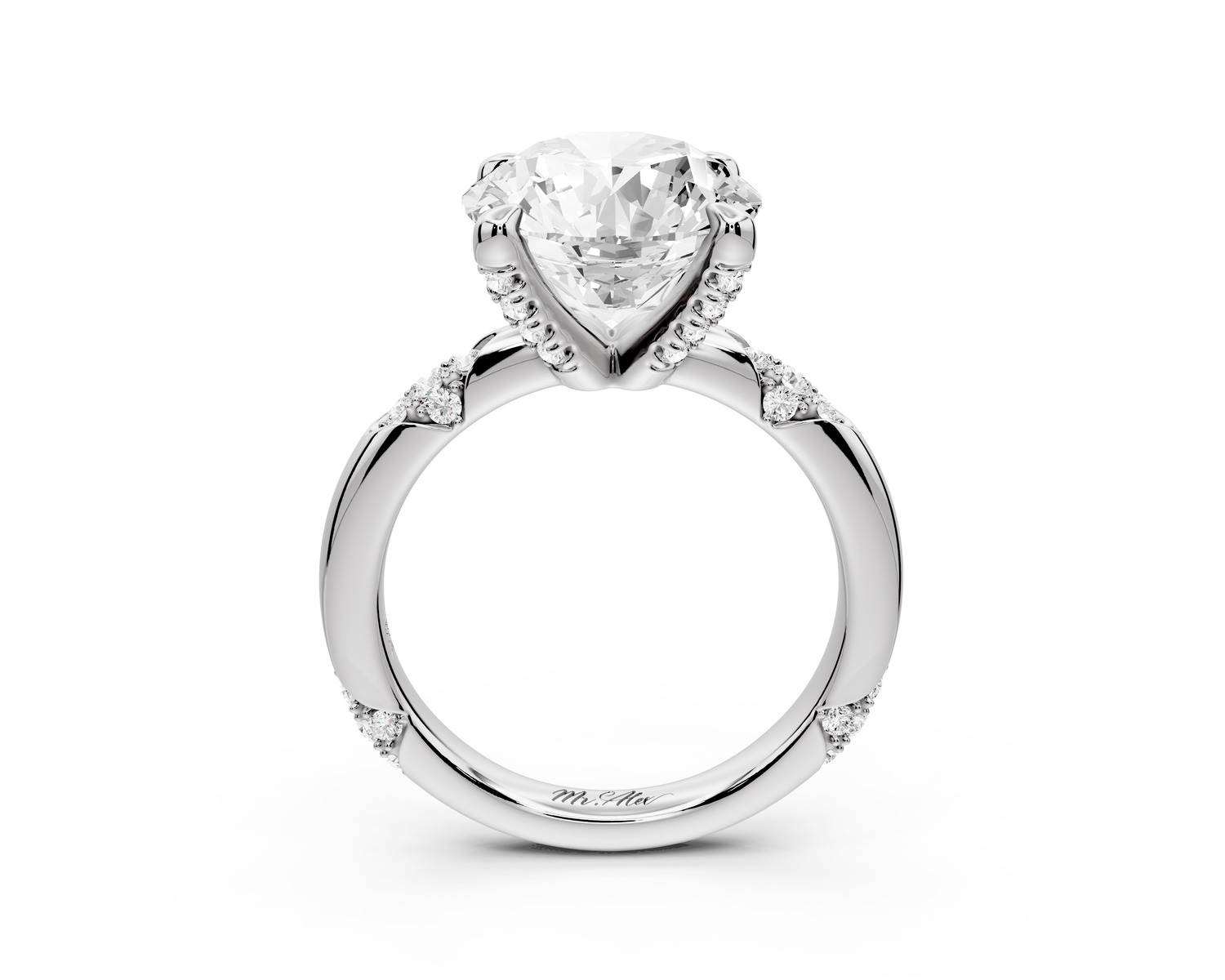 Luna - 4ct 14k white gold round Diamond Crown with Flush-Set Diamond Clusters Engagement Ring