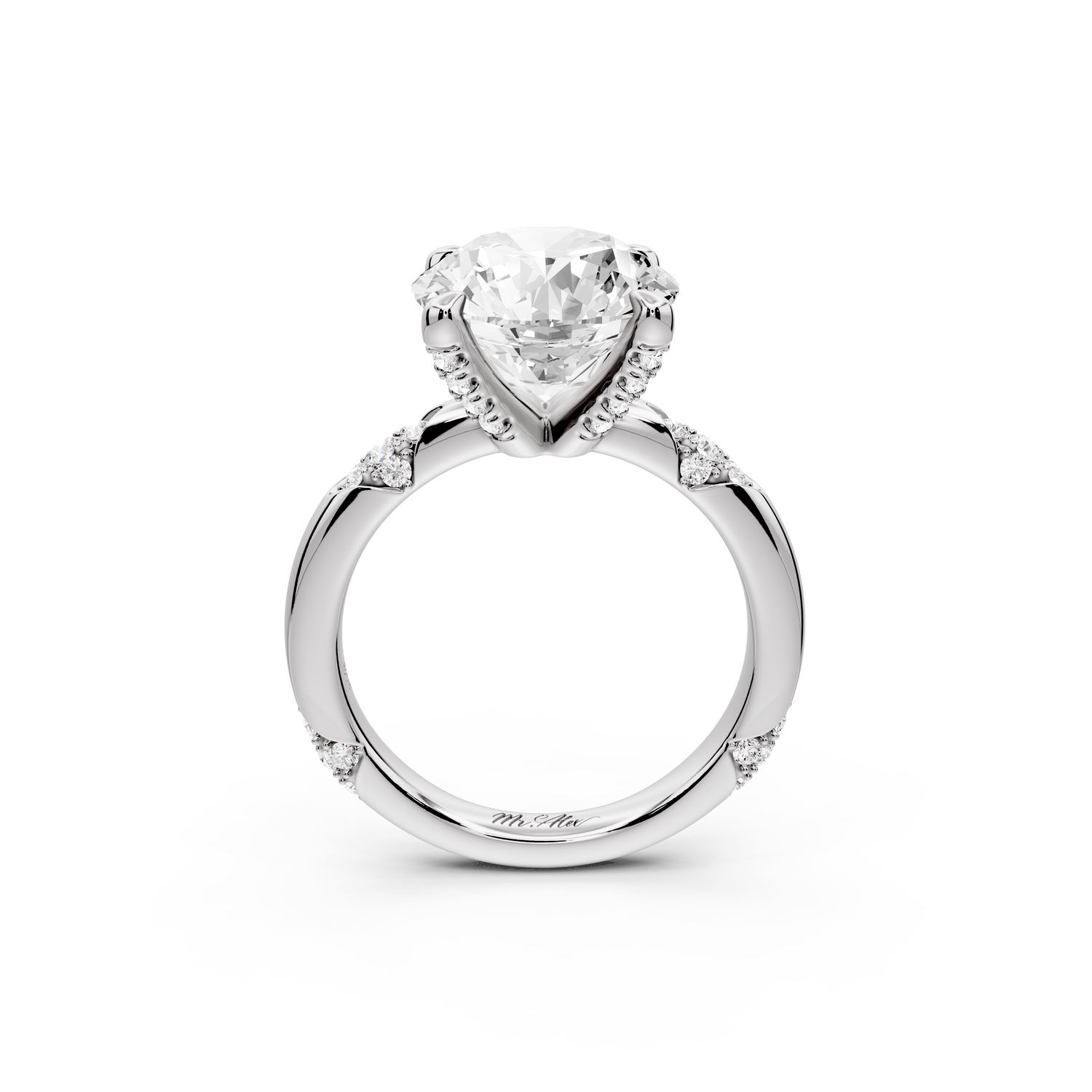 Luna - 4ct 14k white gold round Diamond Crown with Flush-Set Diamond Clusters Engagement Ring