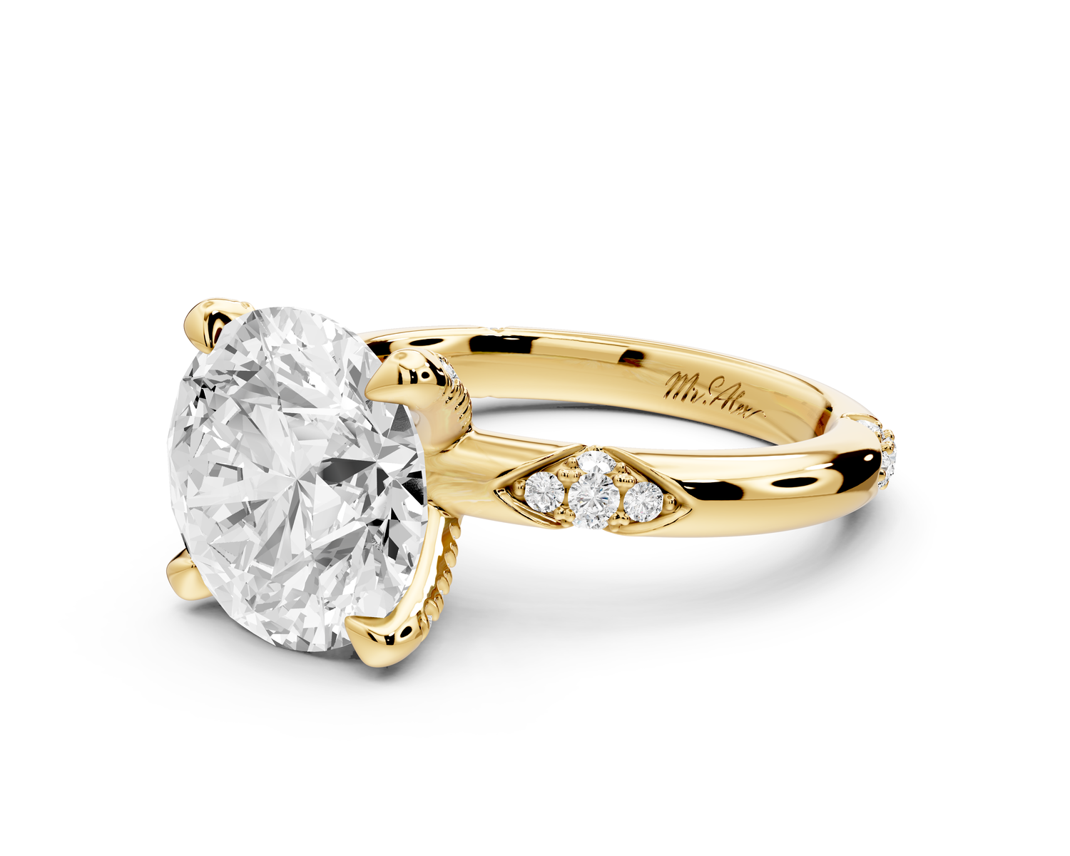 Luna - 4ct 14k yellow gold round Diamond Crown with Flush-Set Diamond Clusters Engagement Ring
