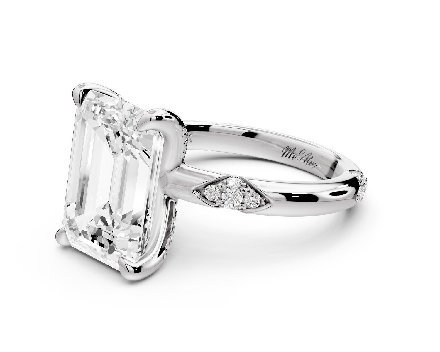 Luna - 5ct 14k white gold emerald Diamond Crown with Flush-Set Diamond Clusters Engagement Ring